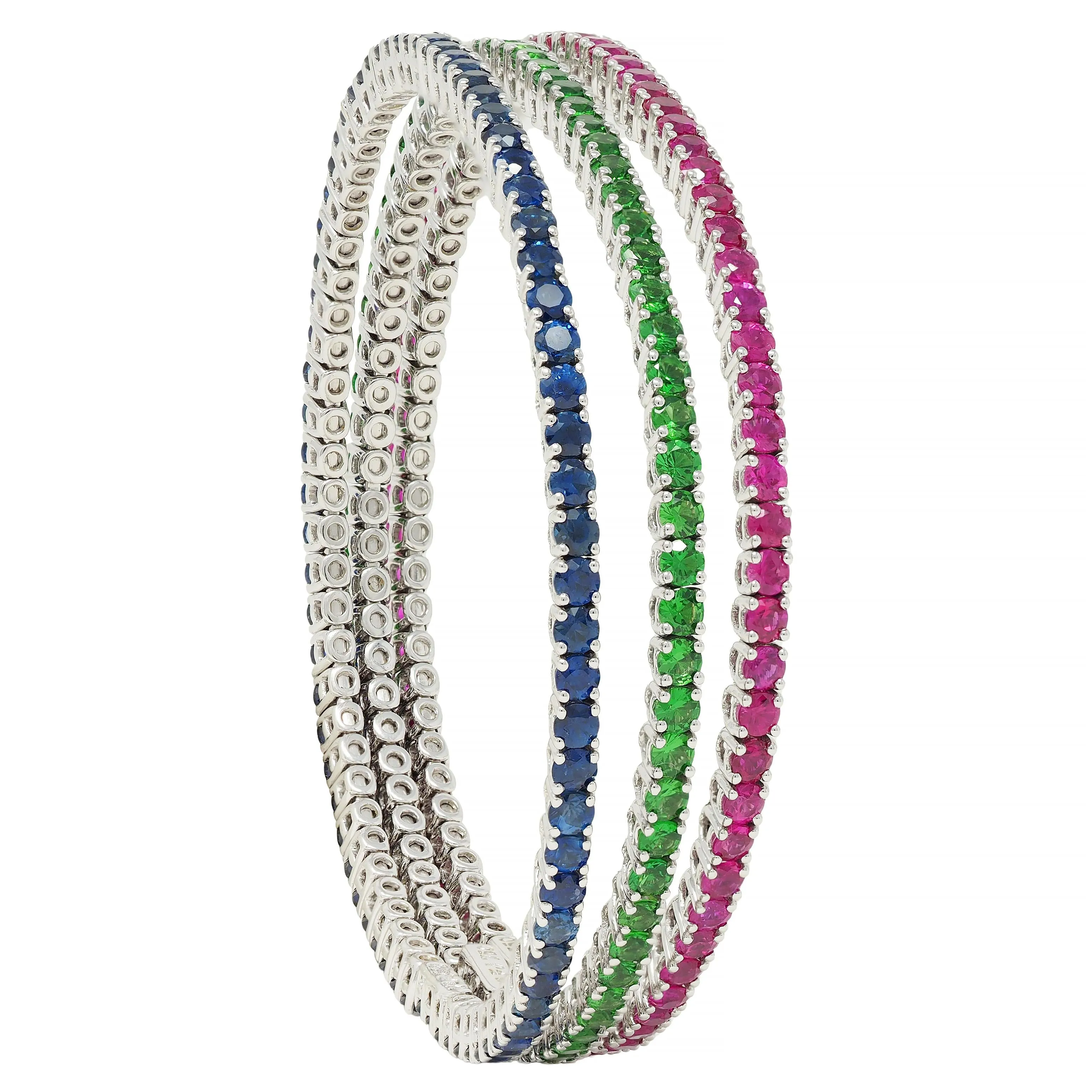 Contemporary 11.00 CTW Ruby Sapphire Tsavorite Garnet 18 Karat White Gold Flex Cuff Bracelet Trio Set