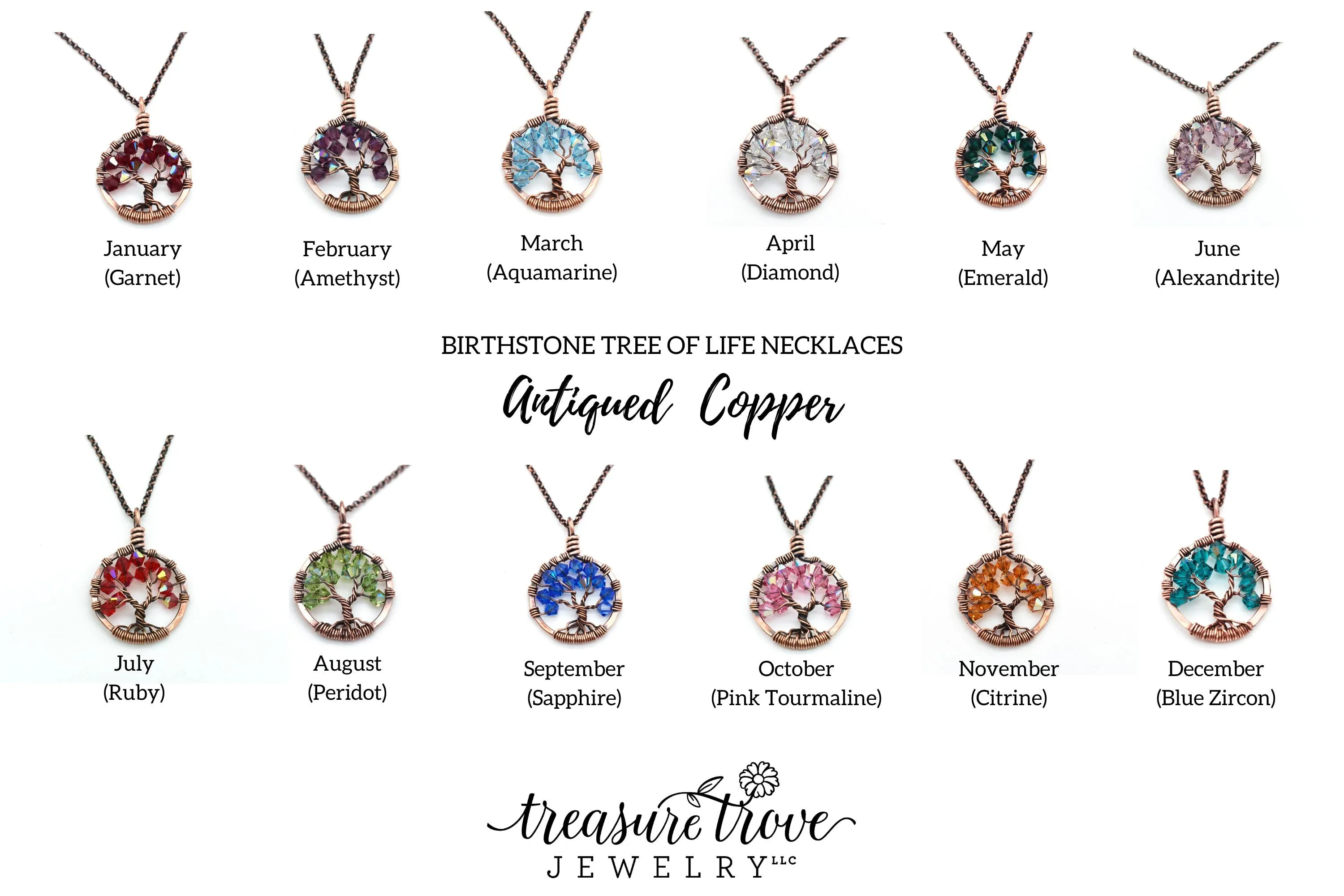 Copper Blue Zircon Tree of Life Crystal Necklace (December)