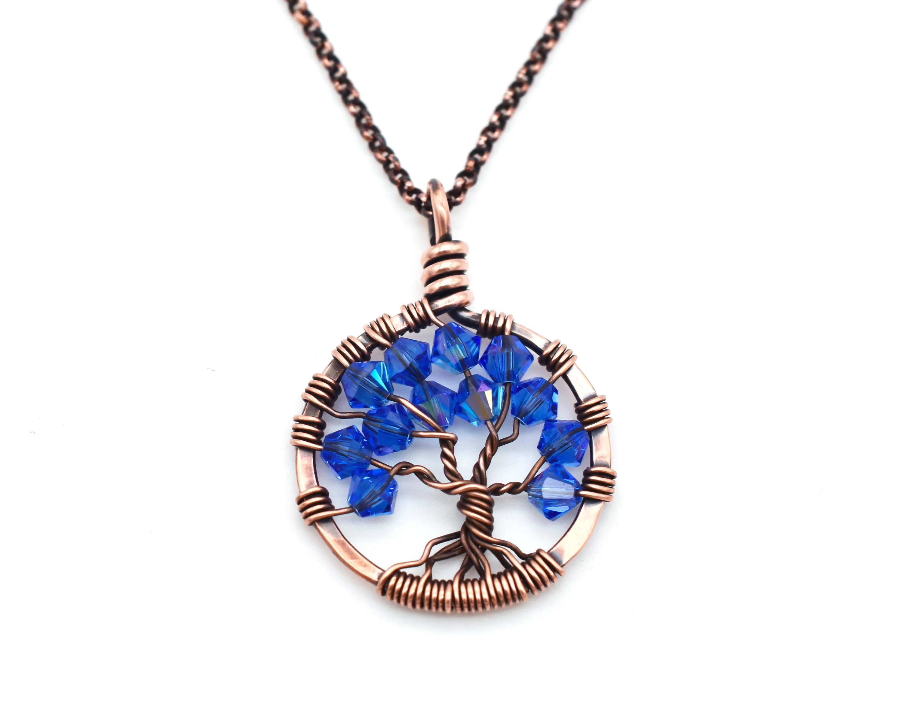 Copper Blue Zircon Tree of Life Crystal Necklace (December)