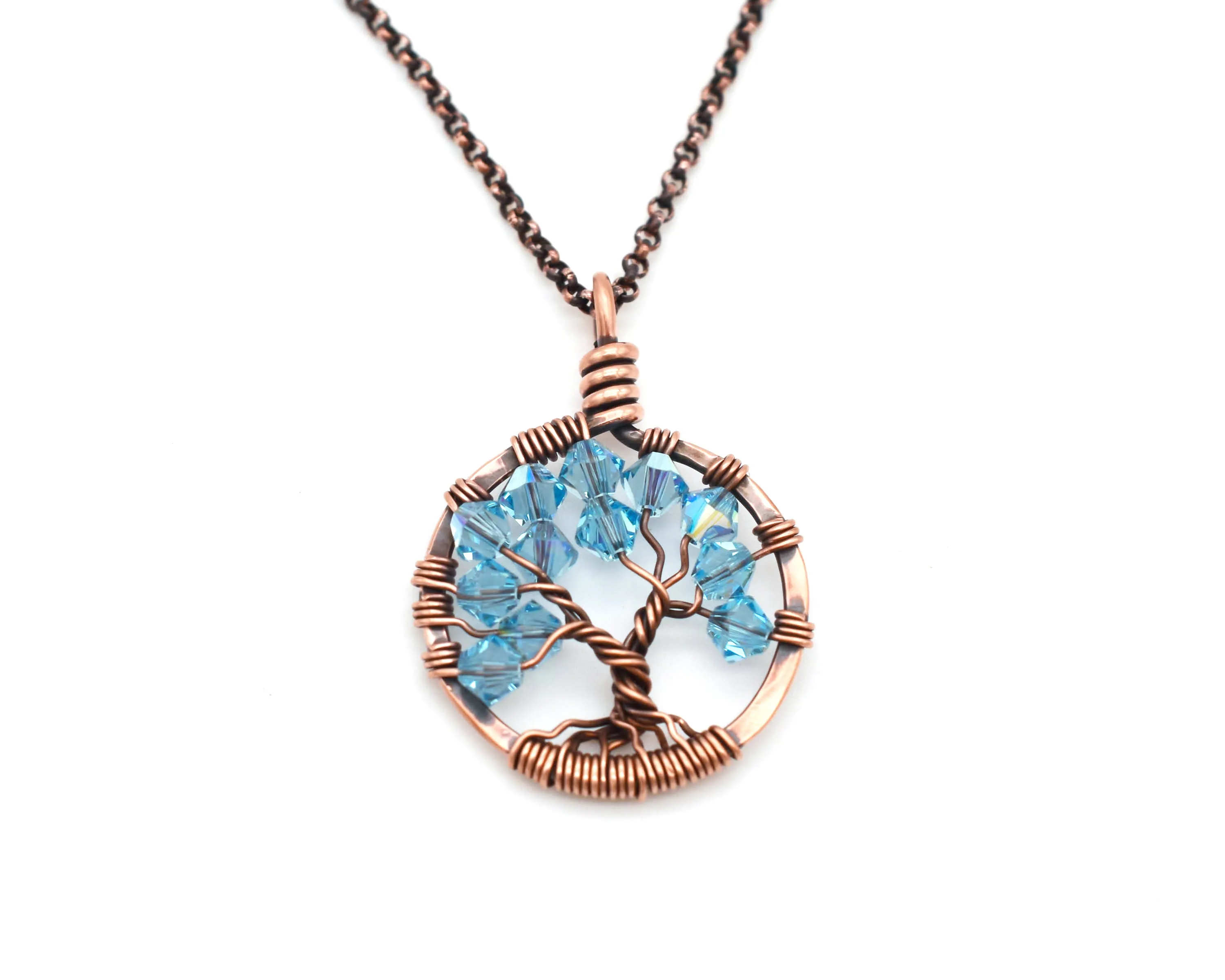 Copper Blue Zircon Tree of Life Crystal Necklace (December)