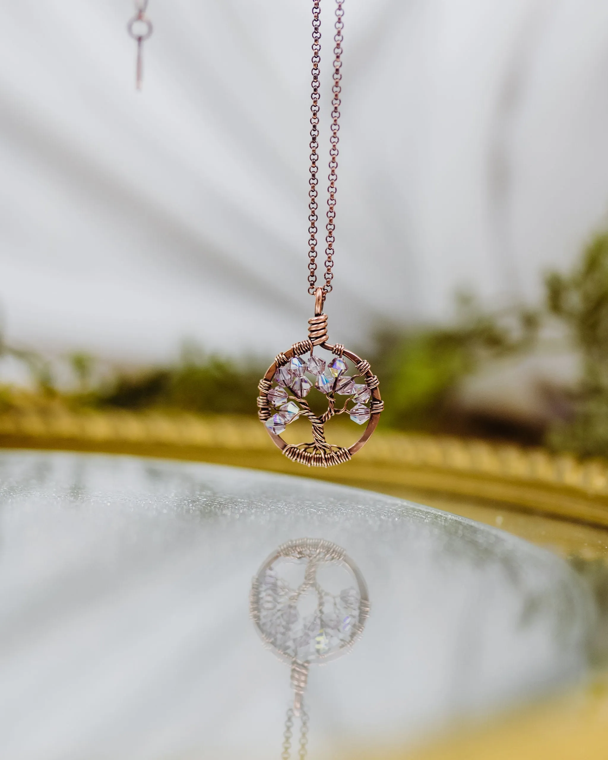 Copper Blue Zircon Tree of Life Crystal Necklace (December)