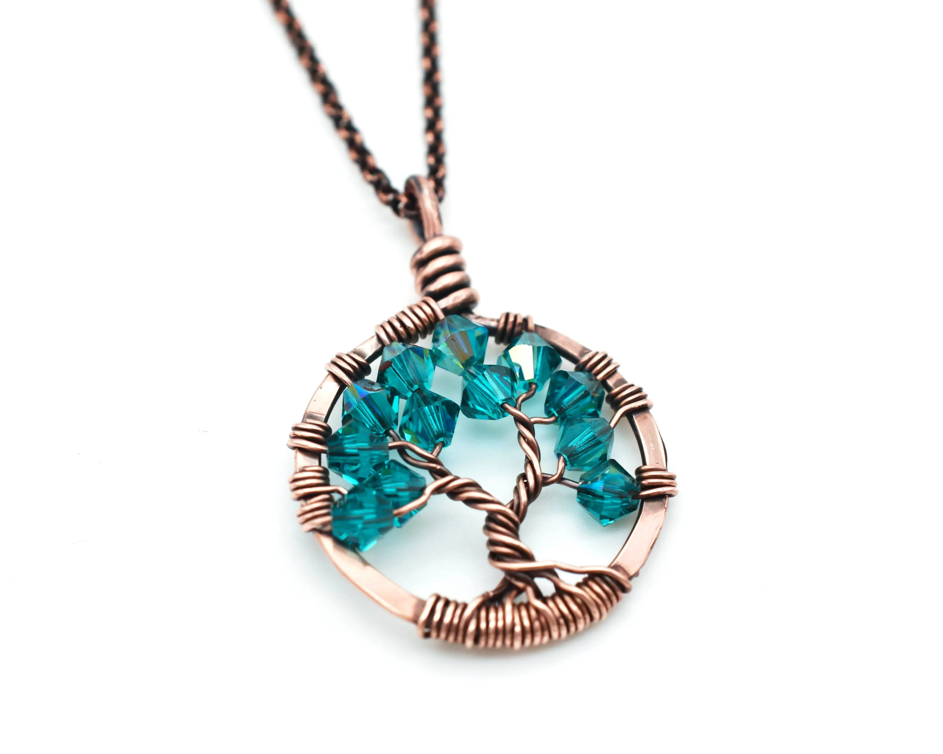 Copper Blue Zircon Tree of Life Crystal Necklace (December)