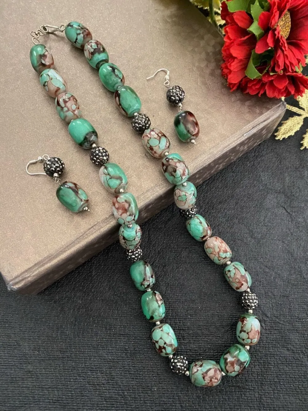 Designer Semi Precious Turquoise Green Chalcedony Stone Beads Necklace By Gehna Shop