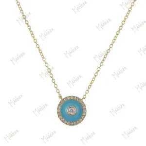 Diamond Framed Round Turquoise Enamel Necklace