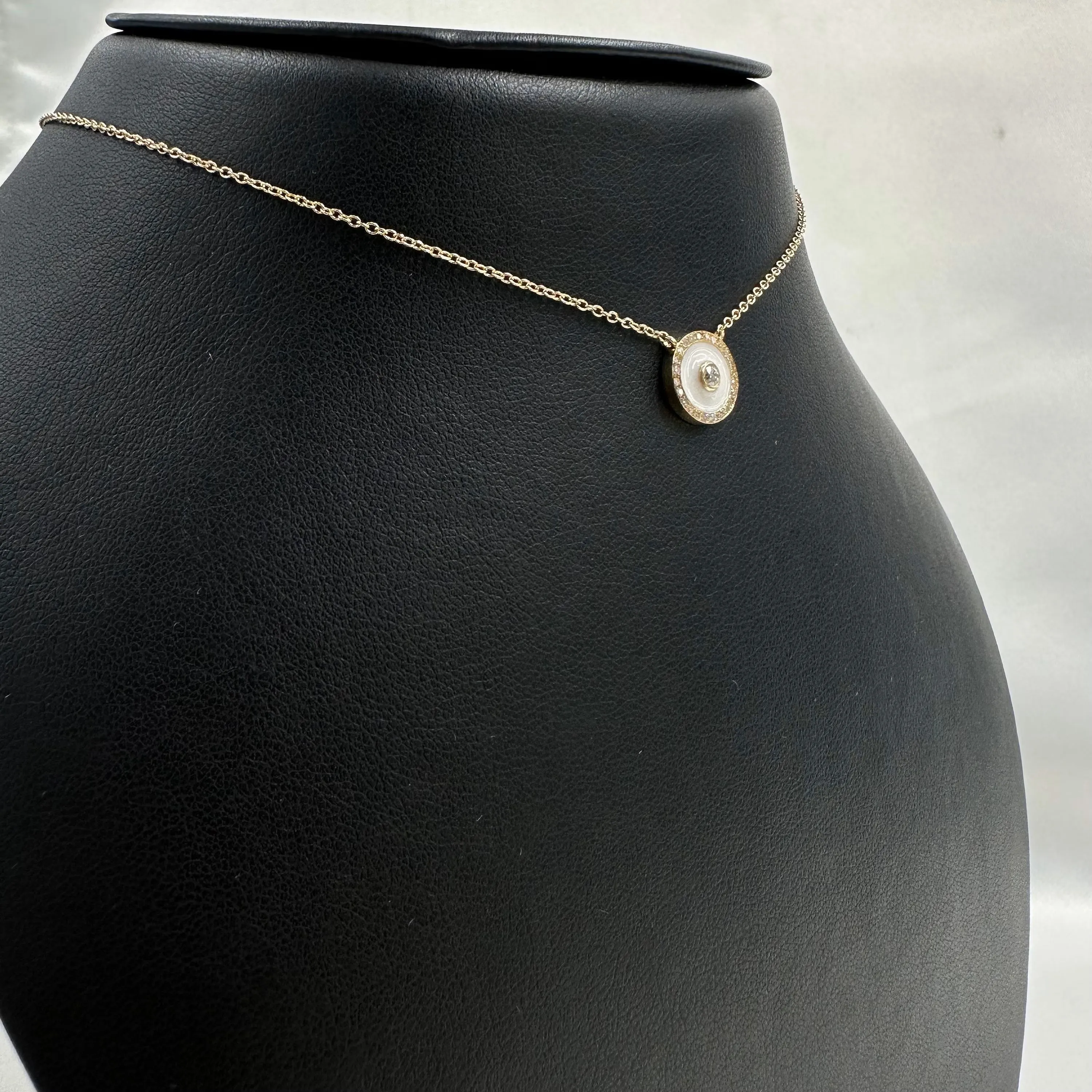 Diamond Framed Round Turquoise Enamel Necklace