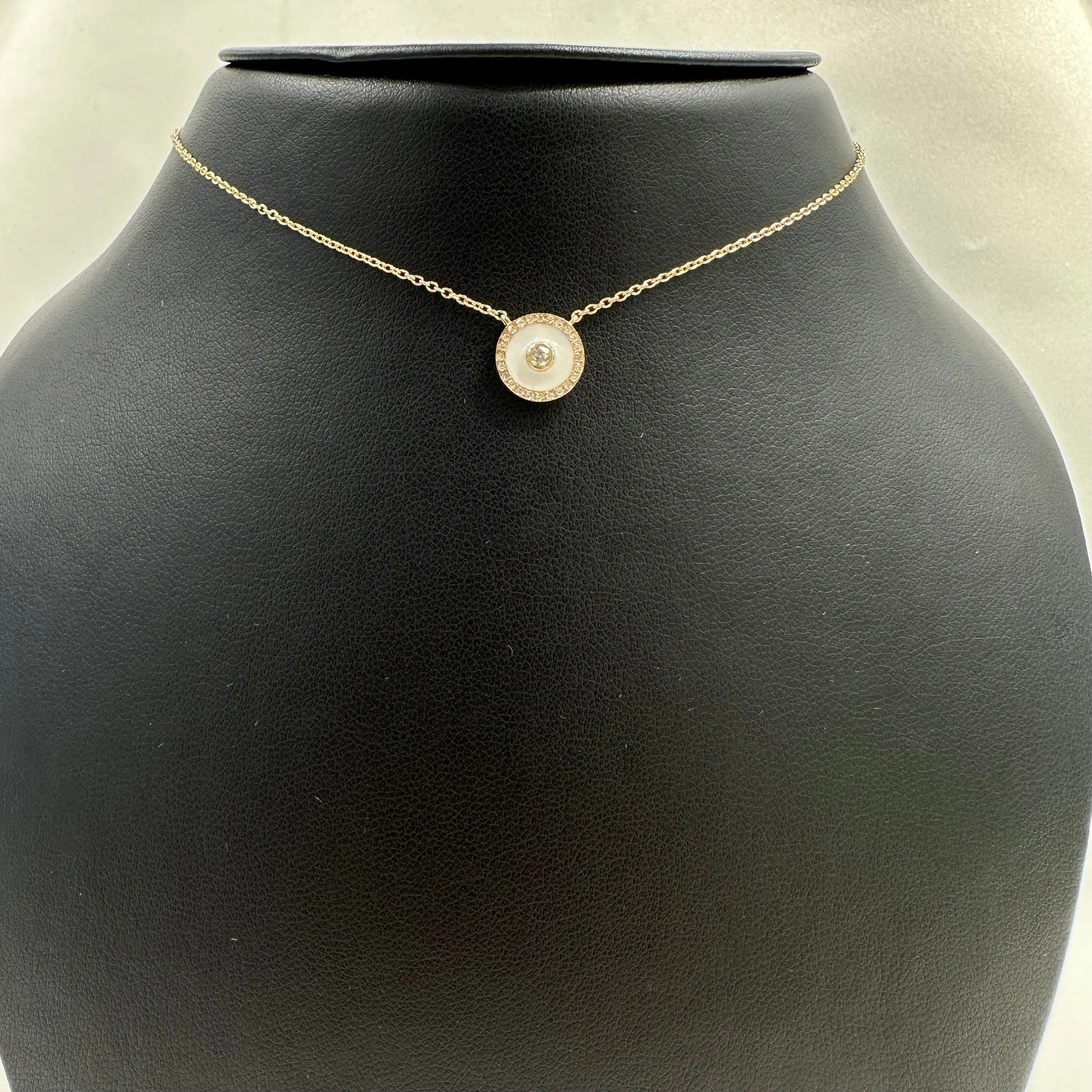 Diamond Framed Round Turquoise Enamel Necklace