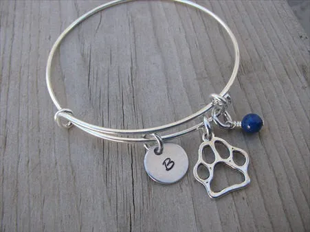 Dog Paw Charm Bracelet -Adjustable Bangle Bracelet with an Initial Charm and an Accent Bead of your choice