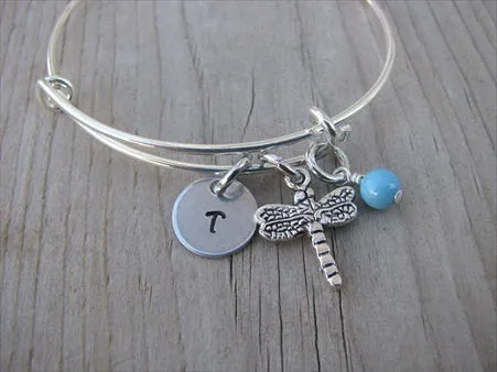 Dragonfly Charm Bracelet- Adjustable Bangle Bracelet with Initial Charm and an Accent bead in your choice of colors