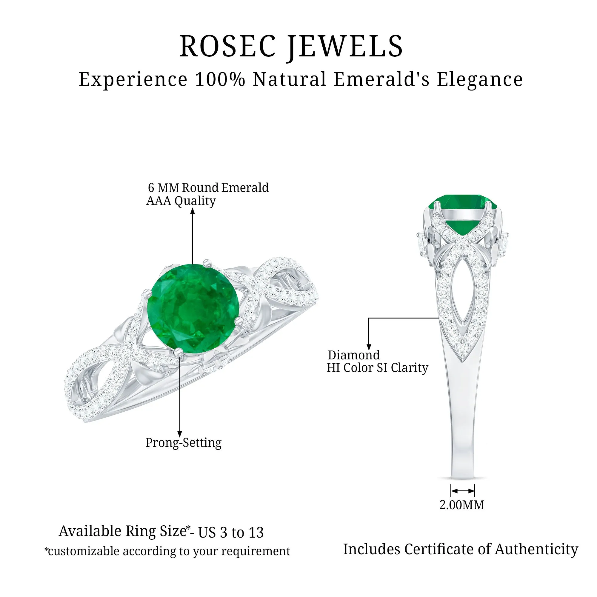 Emerald Crossover Engagement Ring with Diamond