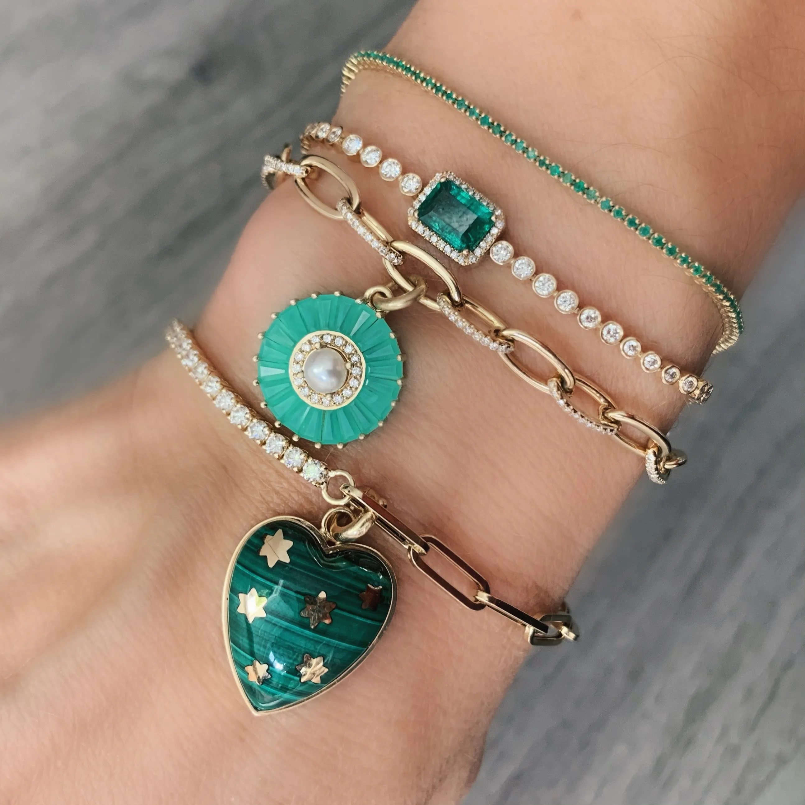 Emerald with Diamond Halo & Diamond Tennis Bracelet