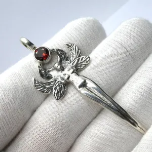 Faery Goddess Pendant with Faceted Garnet, 925 Sterling Silver