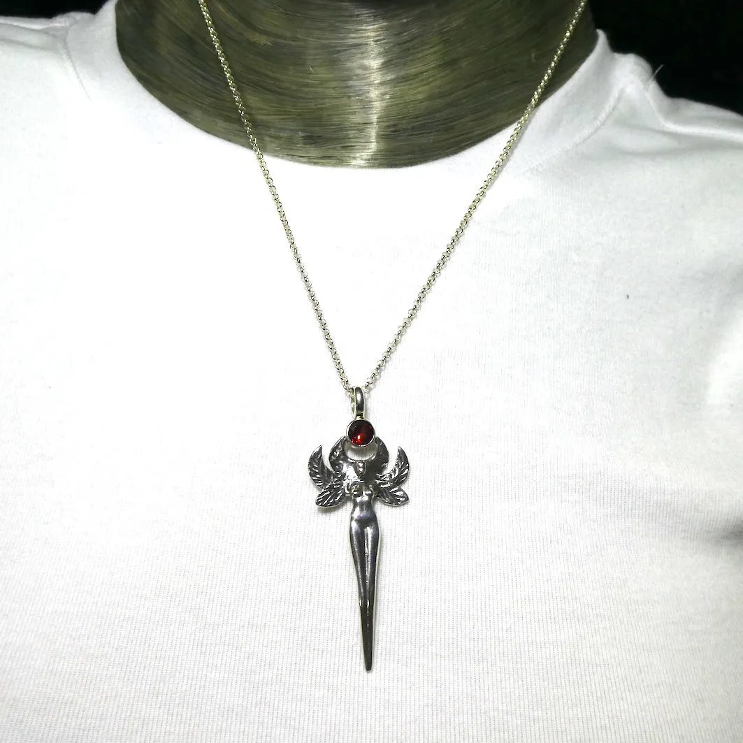 Faery Goddess Pendant with Faceted Garnet, 925 Sterling Silver