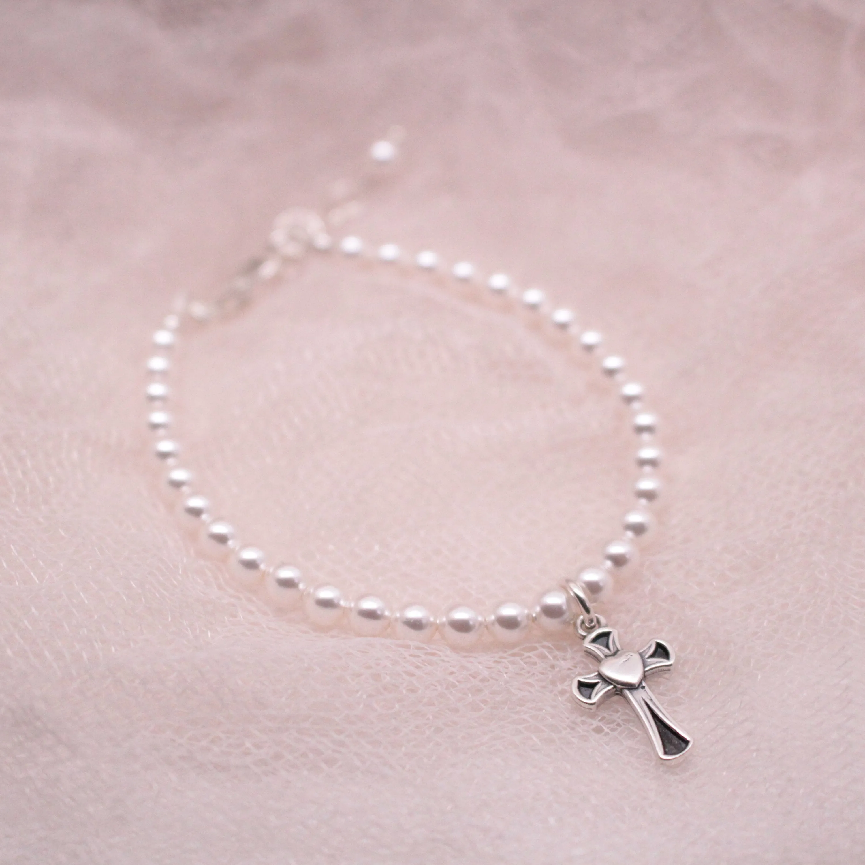 Flower Girl White Pearl & Sterling Silver Cross Bracelet
