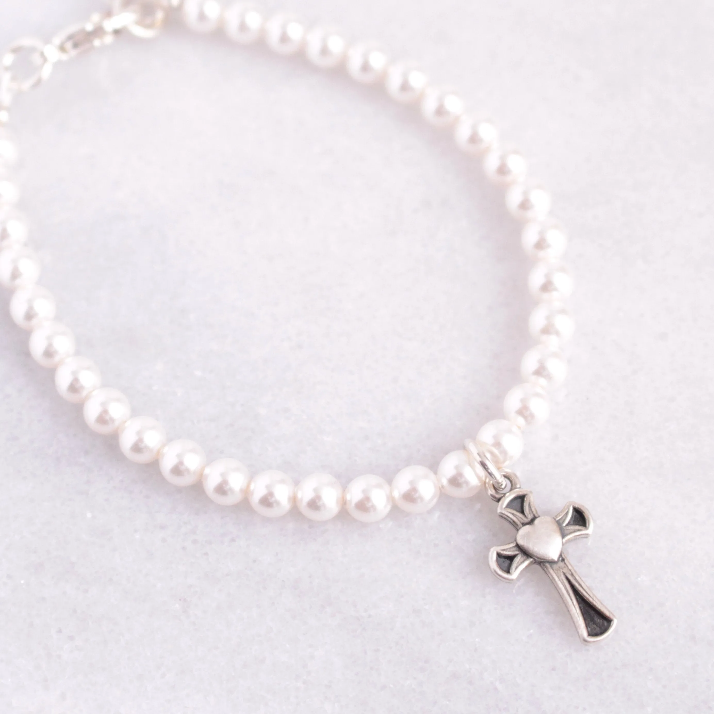 Flower Girl White Pearl & Sterling Silver Cross Bracelet