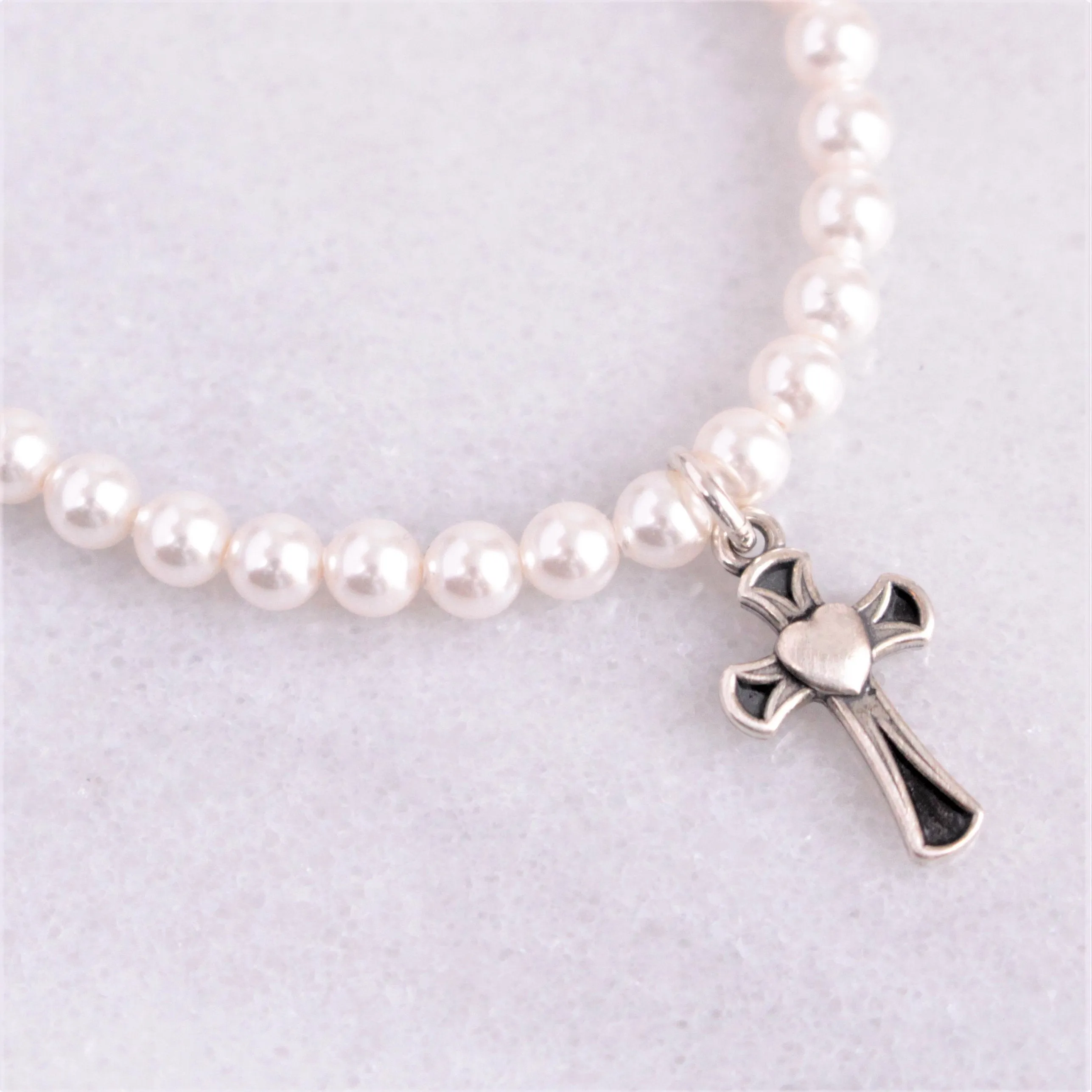 Flower Girl White Pearl & Sterling Silver Cross Bracelet