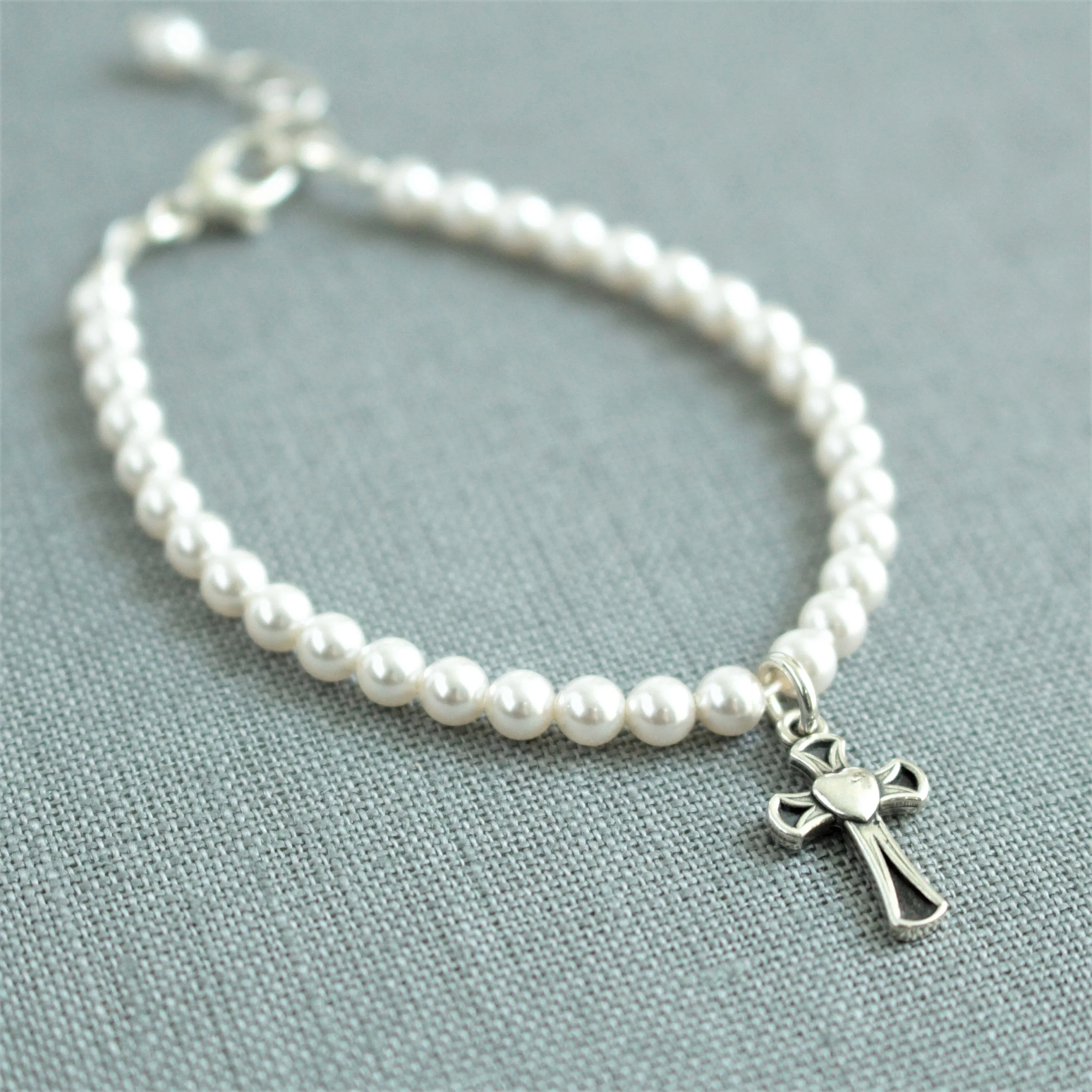 Flower Girl White Pearl & Sterling Silver Cross Bracelet