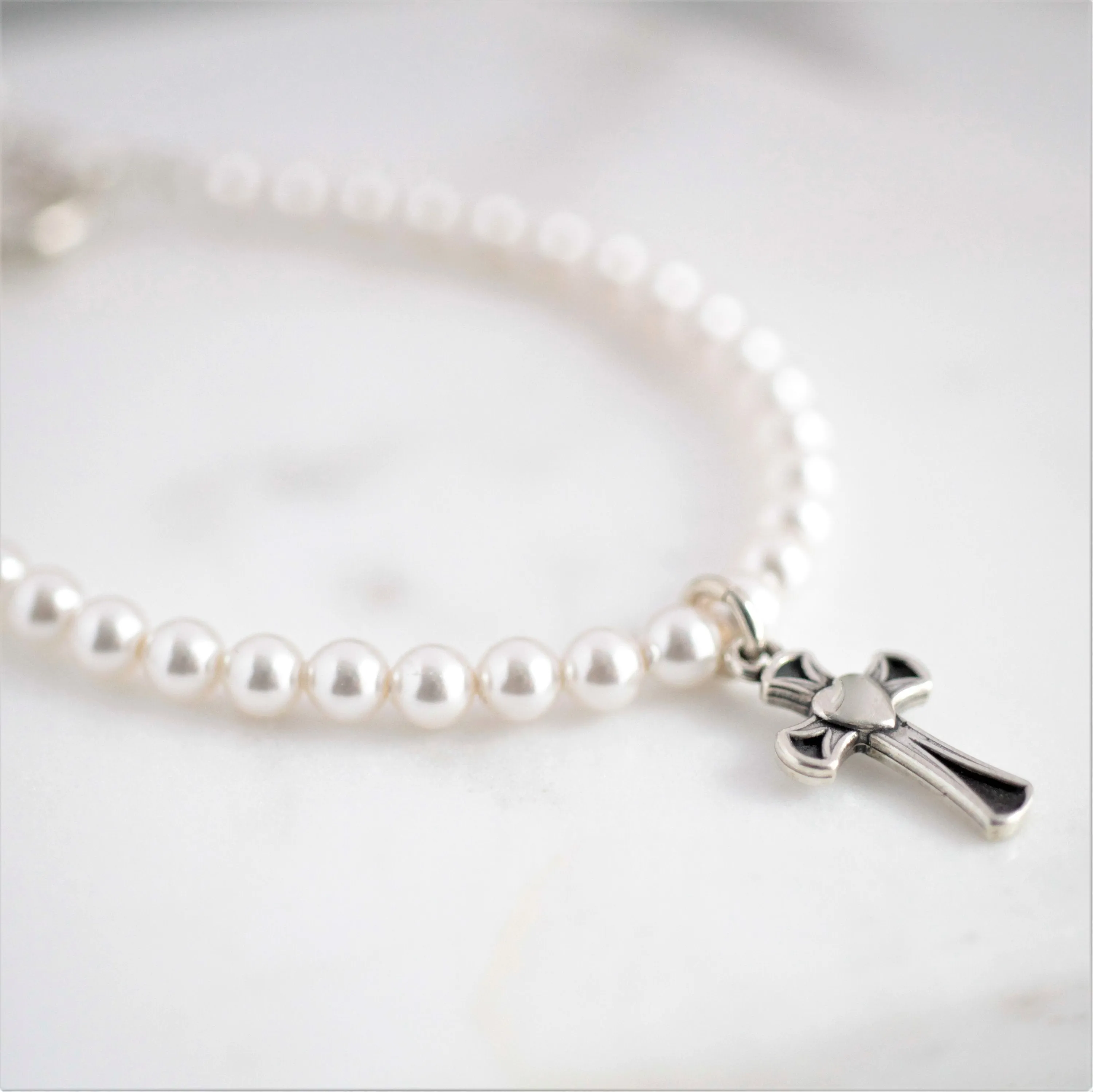 Flower Girl White Pearl & Sterling Silver Cross Bracelet
