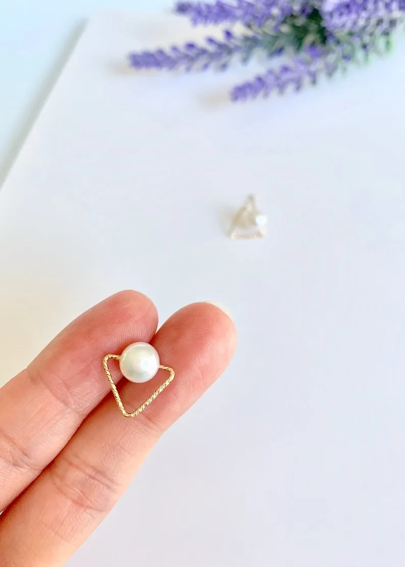 Freshwater Pearl Stud Geometric Earrings / 14K Gold Triangle /  Bridal Party Gifts