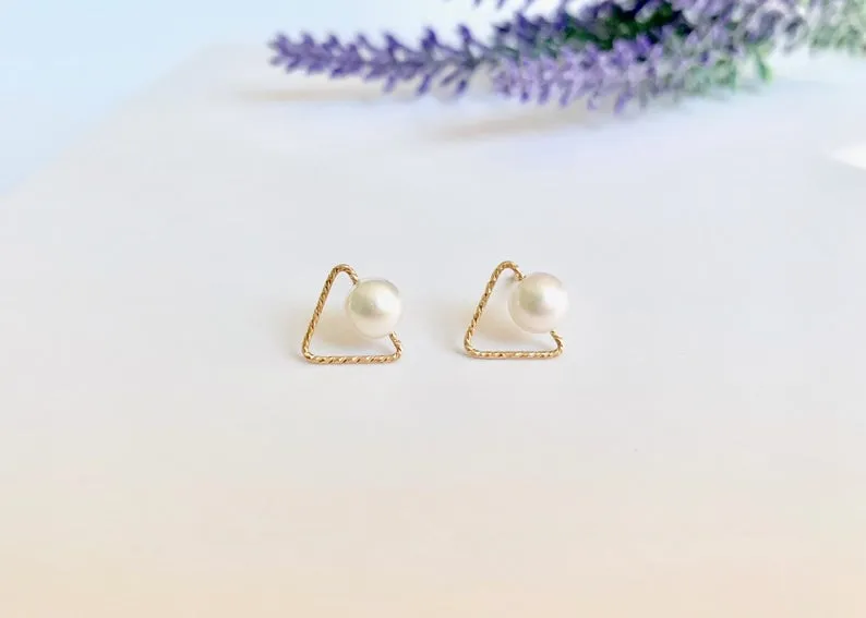 Freshwater Pearl Stud Geometric Earrings / 14K Gold Triangle /  Bridal Party Gifts