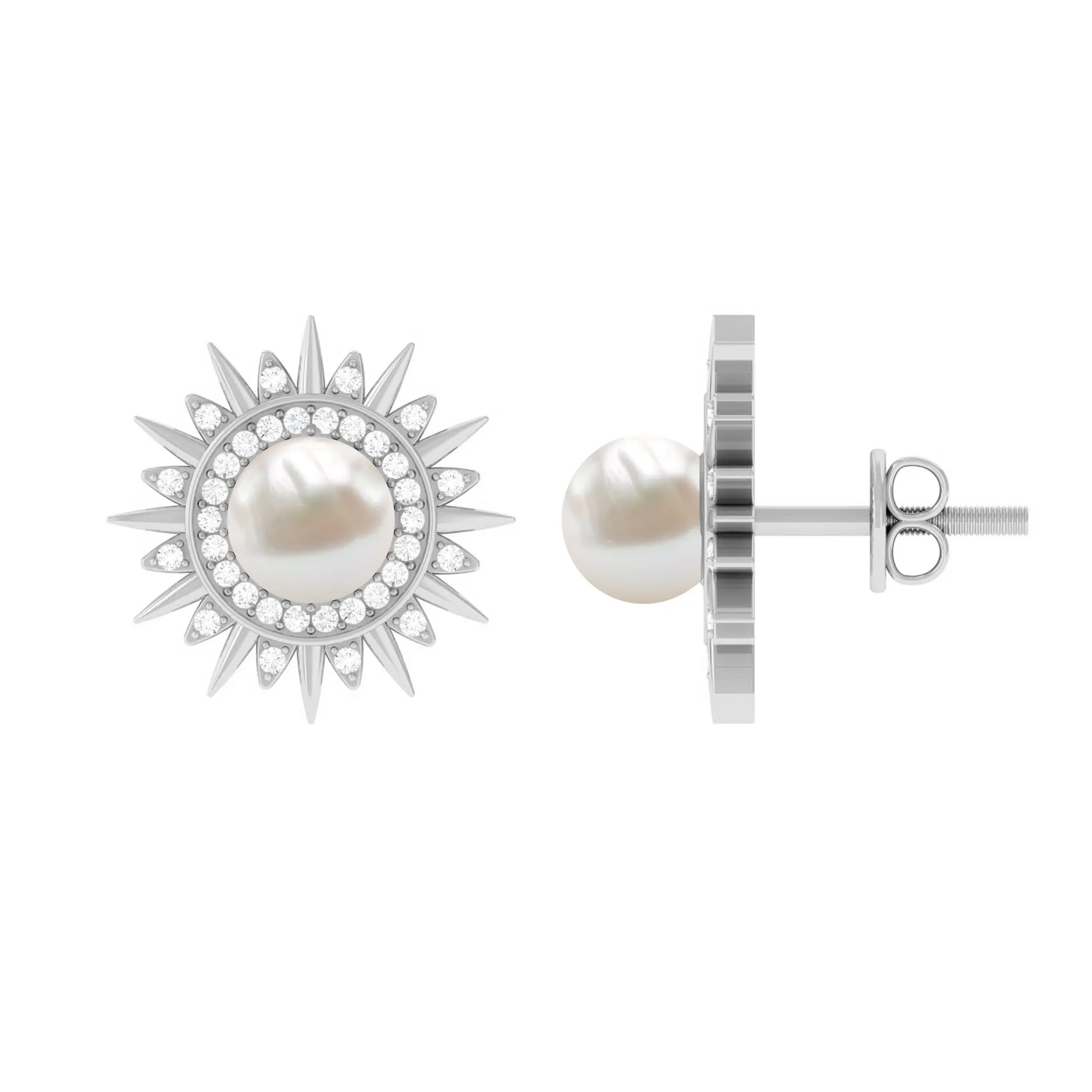 Freshwater Pearl Sunburst Stud Earrings with Diamond Halo