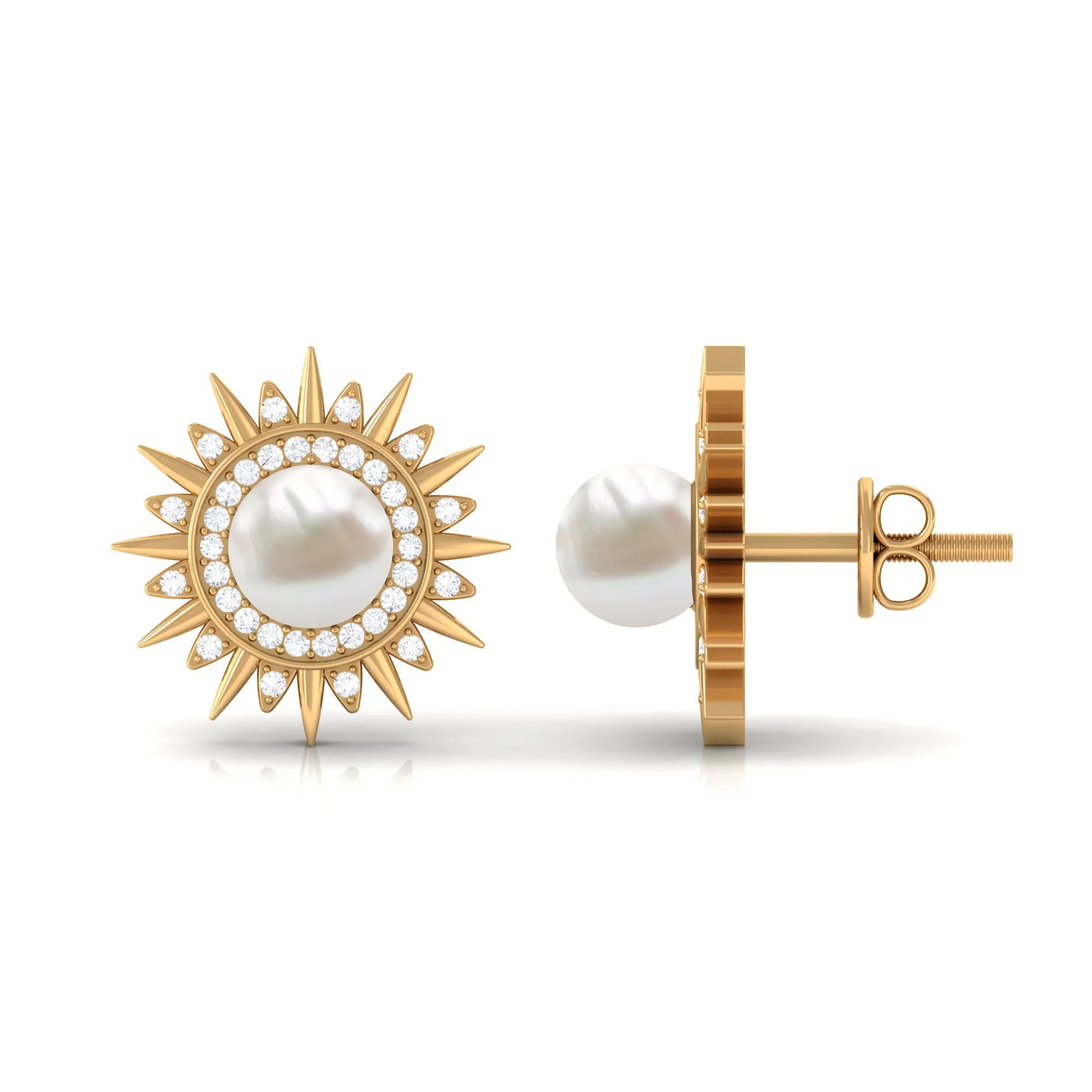 Freshwater Pearl Sunburst Stud Earrings with Diamond Halo