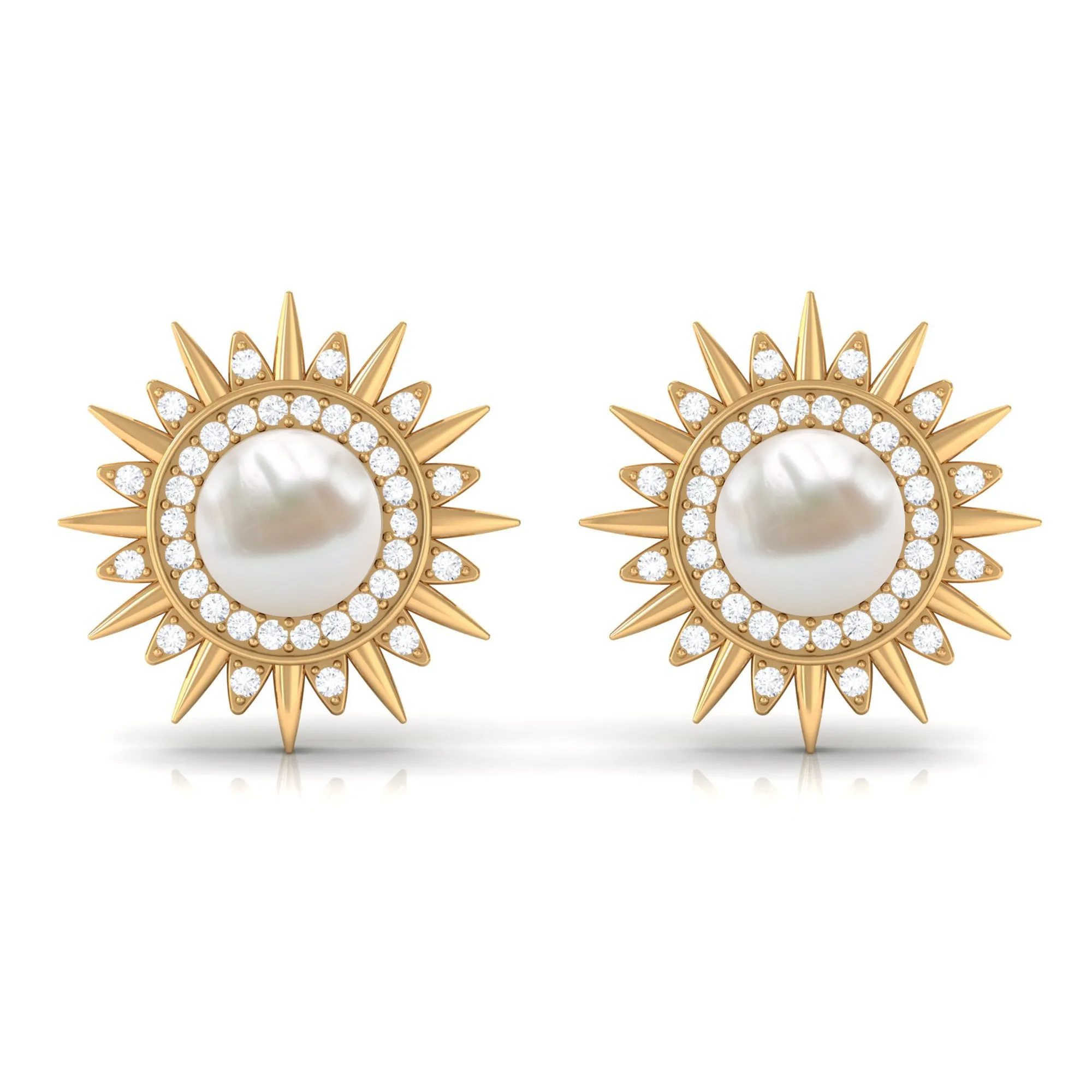 Freshwater Pearl Sunburst Stud Earrings with Diamond Halo