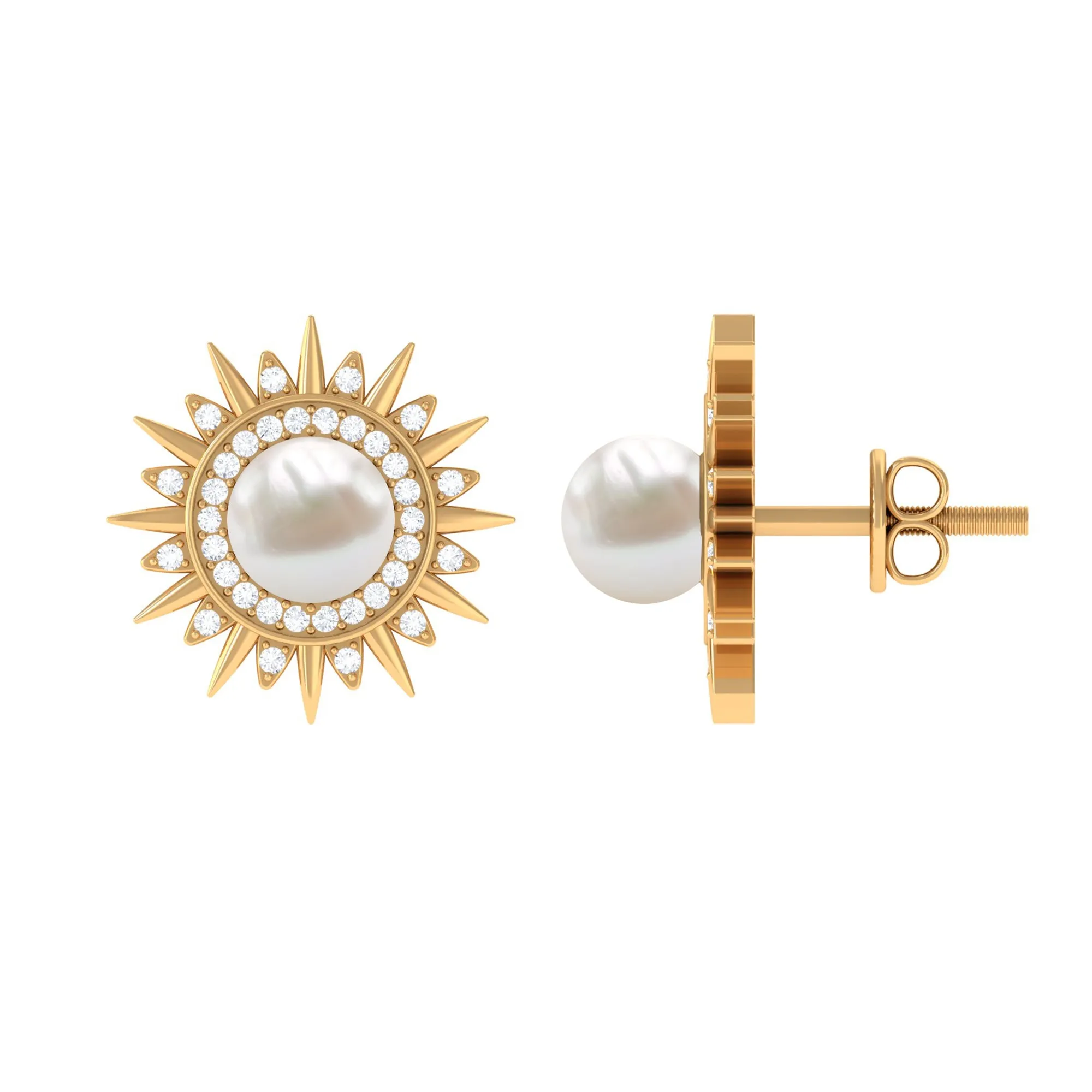 Freshwater Pearl Sunburst Stud Earrings with Diamond Halo