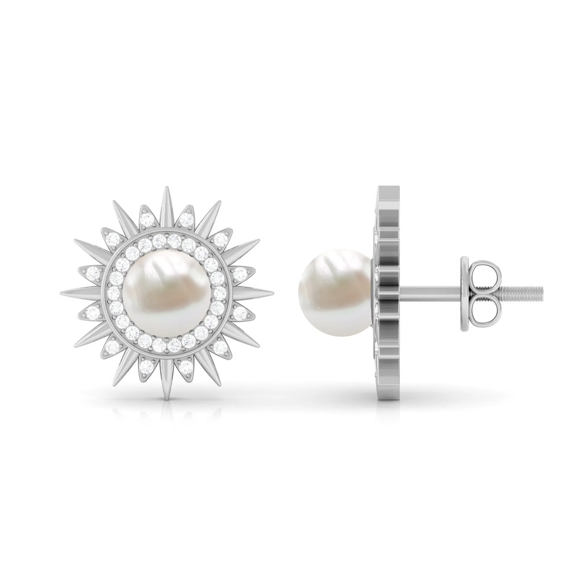 Freshwater Pearl Sunburst Stud Earrings with Diamond Halo