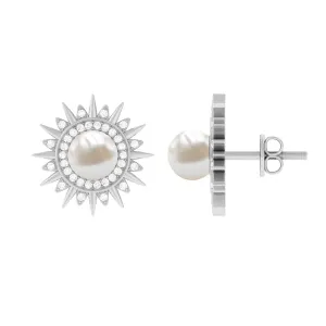 Freshwater Pearl Sunburst Stud Earrings with Diamond Halo