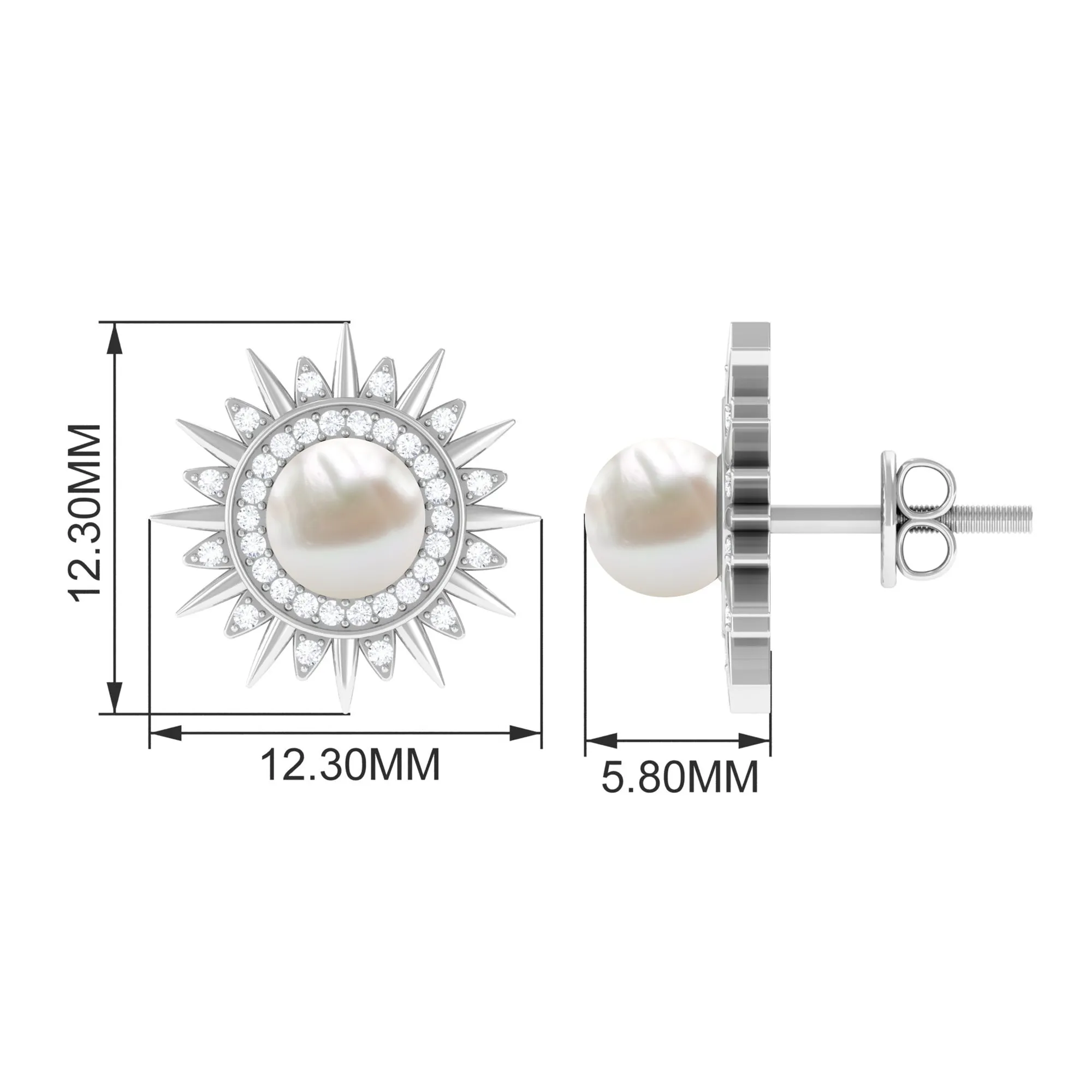 Freshwater Pearl Sunburst Stud Earrings with Diamond Halo
