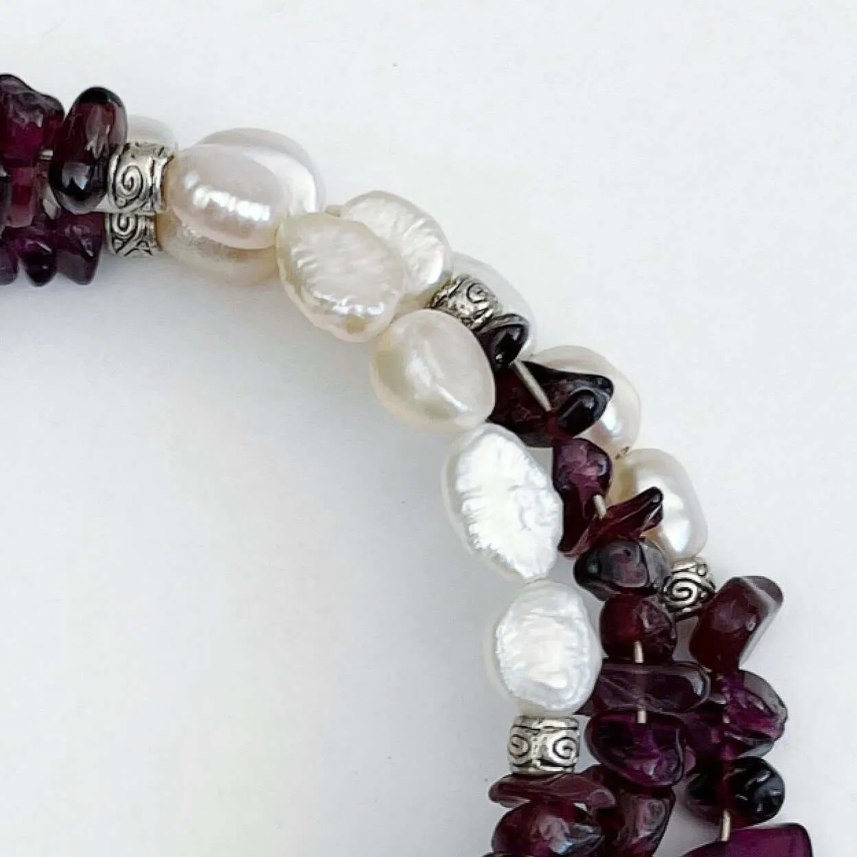 Garnet And Fresh Water Pearl Spiral Bracelet.