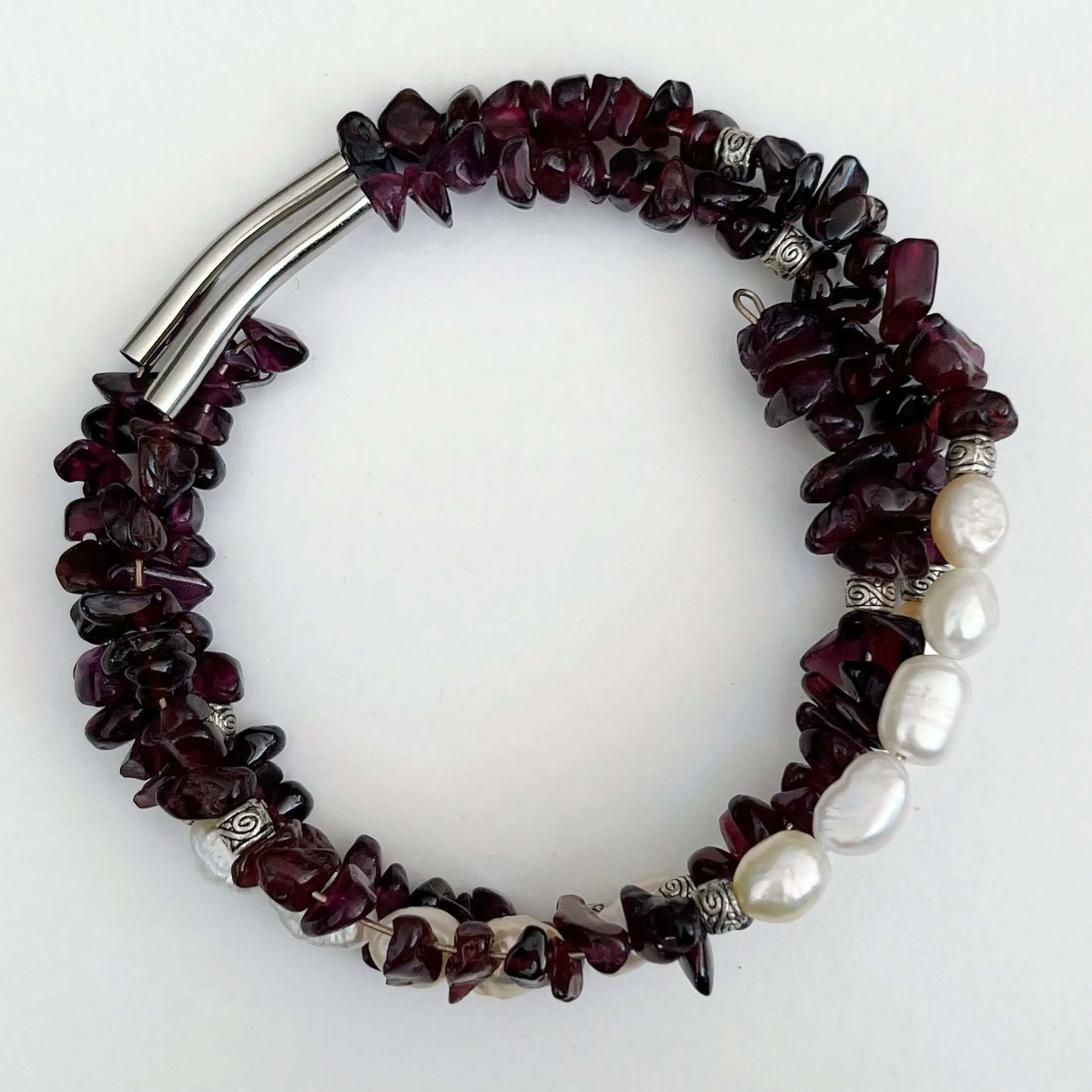 Garnet And Fresh Water Pearl Spiral Bracelet.