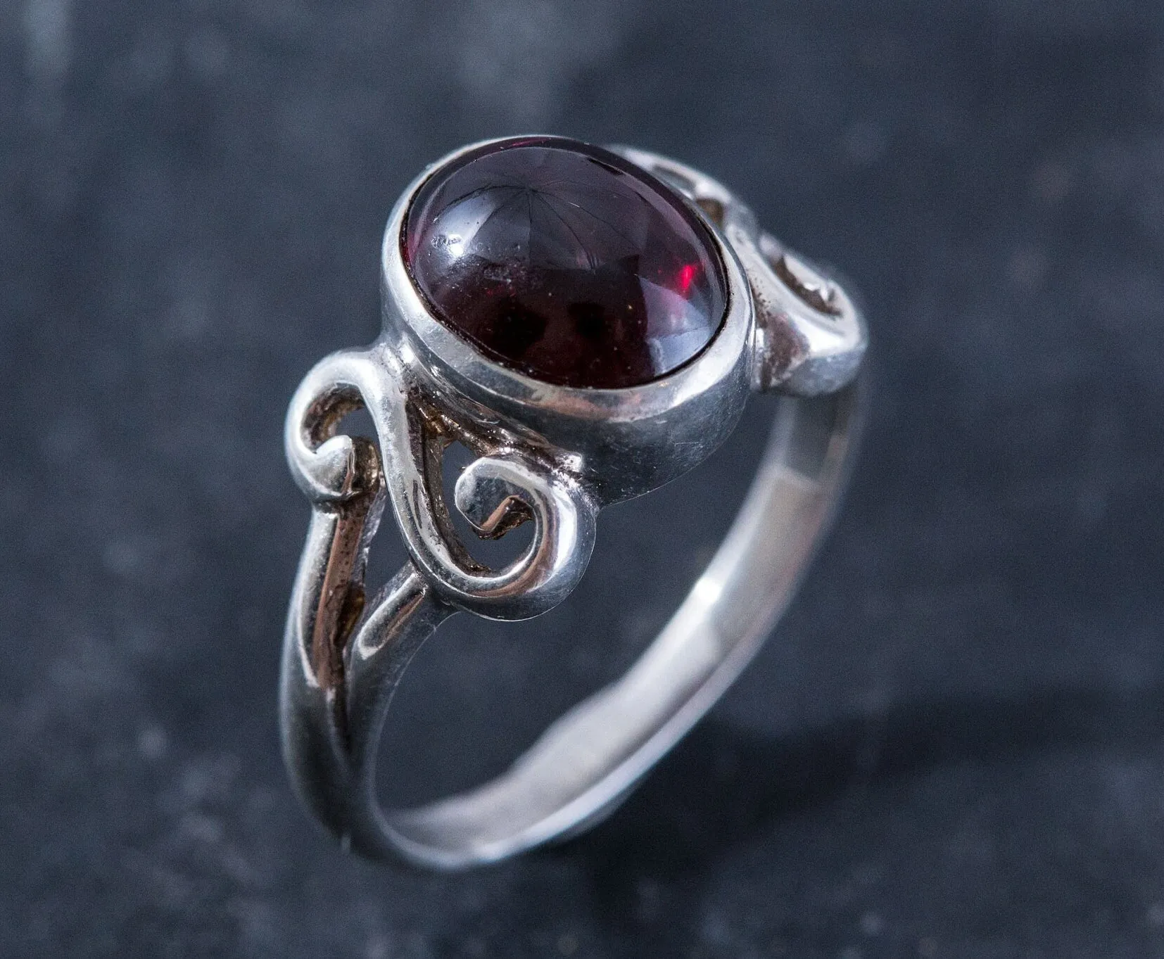 Garnet Solitaire Ring - Swirl Silver Ring - January Birthstone Ring