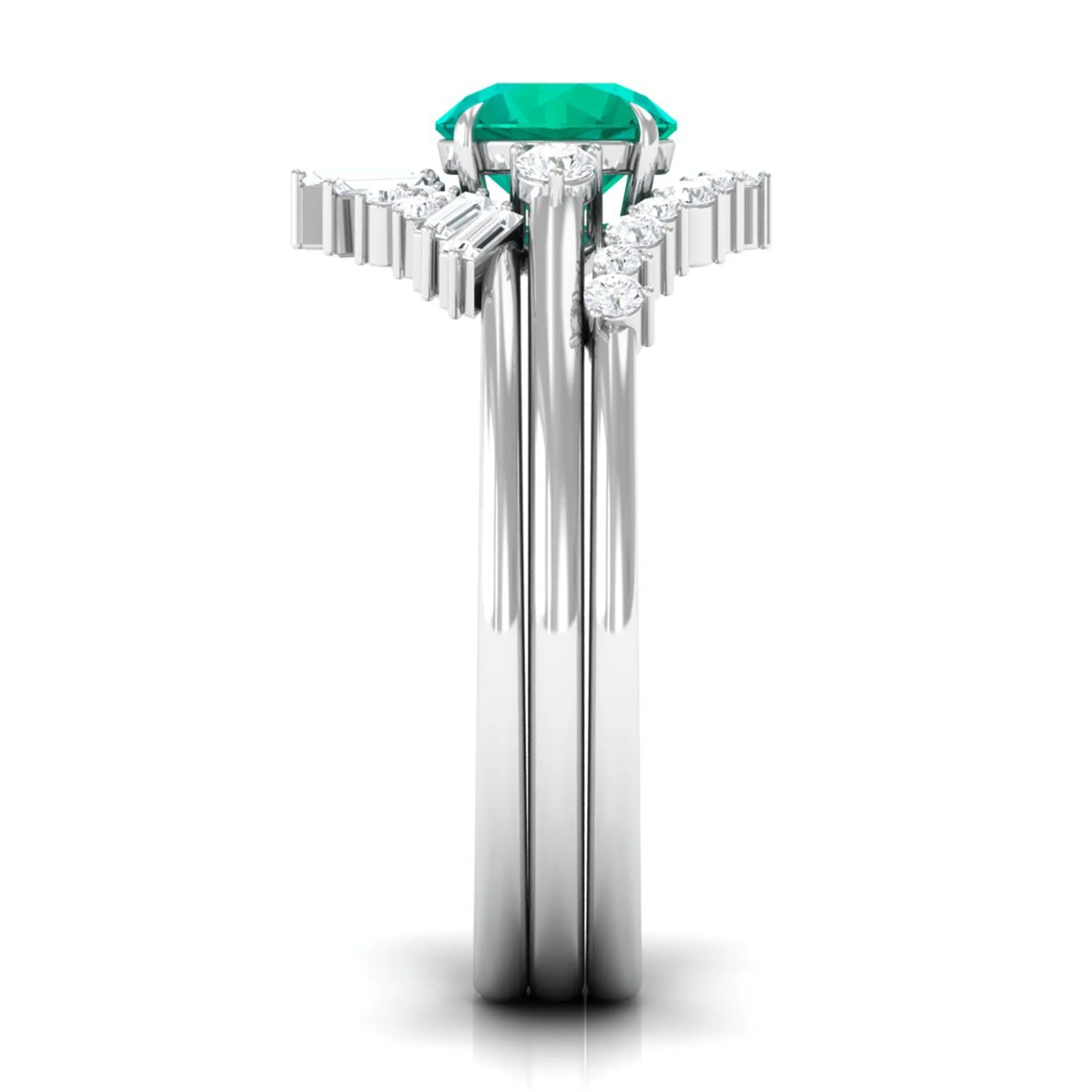 Genuine Round Emerald Wedding Ring Set with Diamond Accent