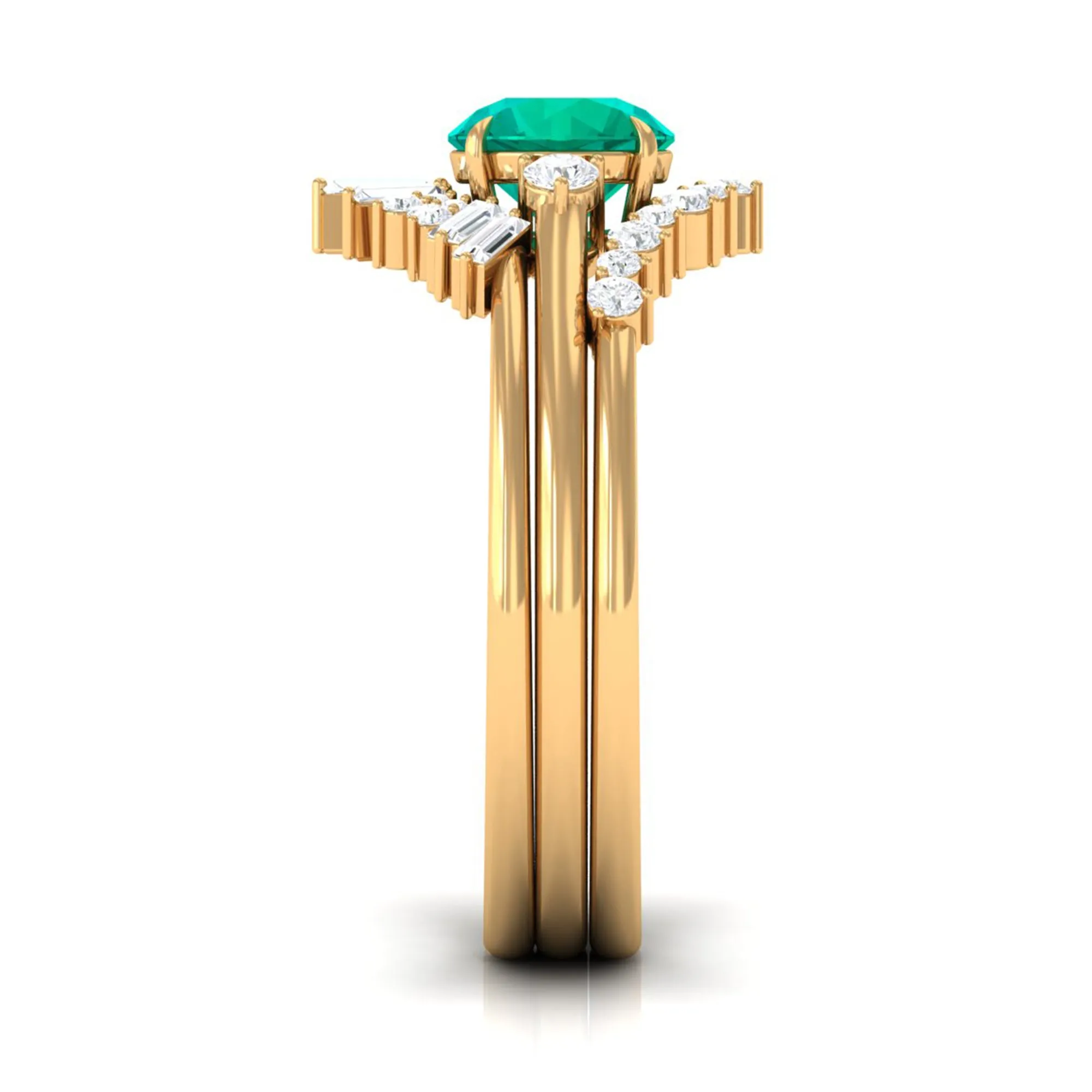 Genuine Round Emerald Wedding Ring Set with Diamond Accent