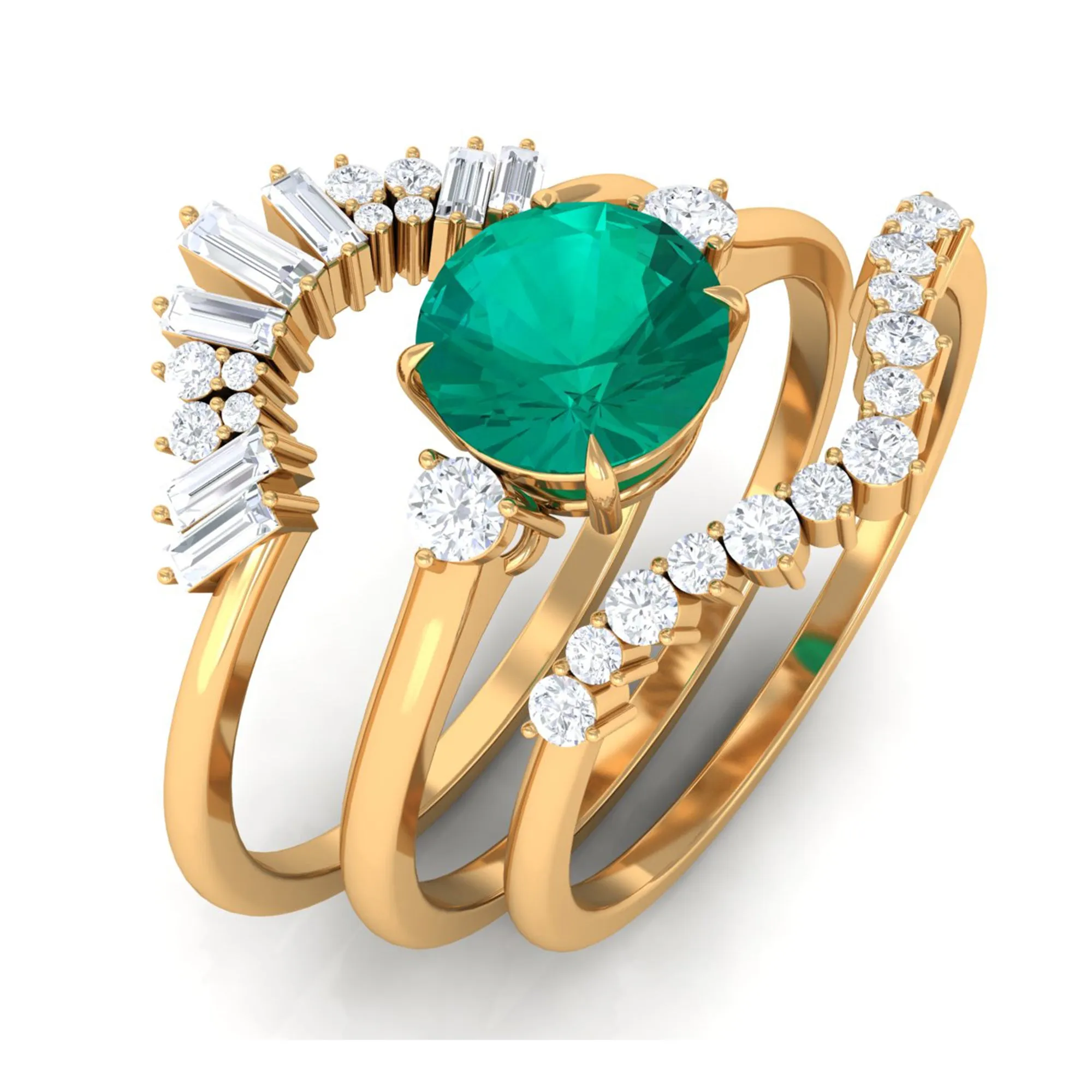 Genuine Round Emerald Wedding Ring Set with Diamond Accent