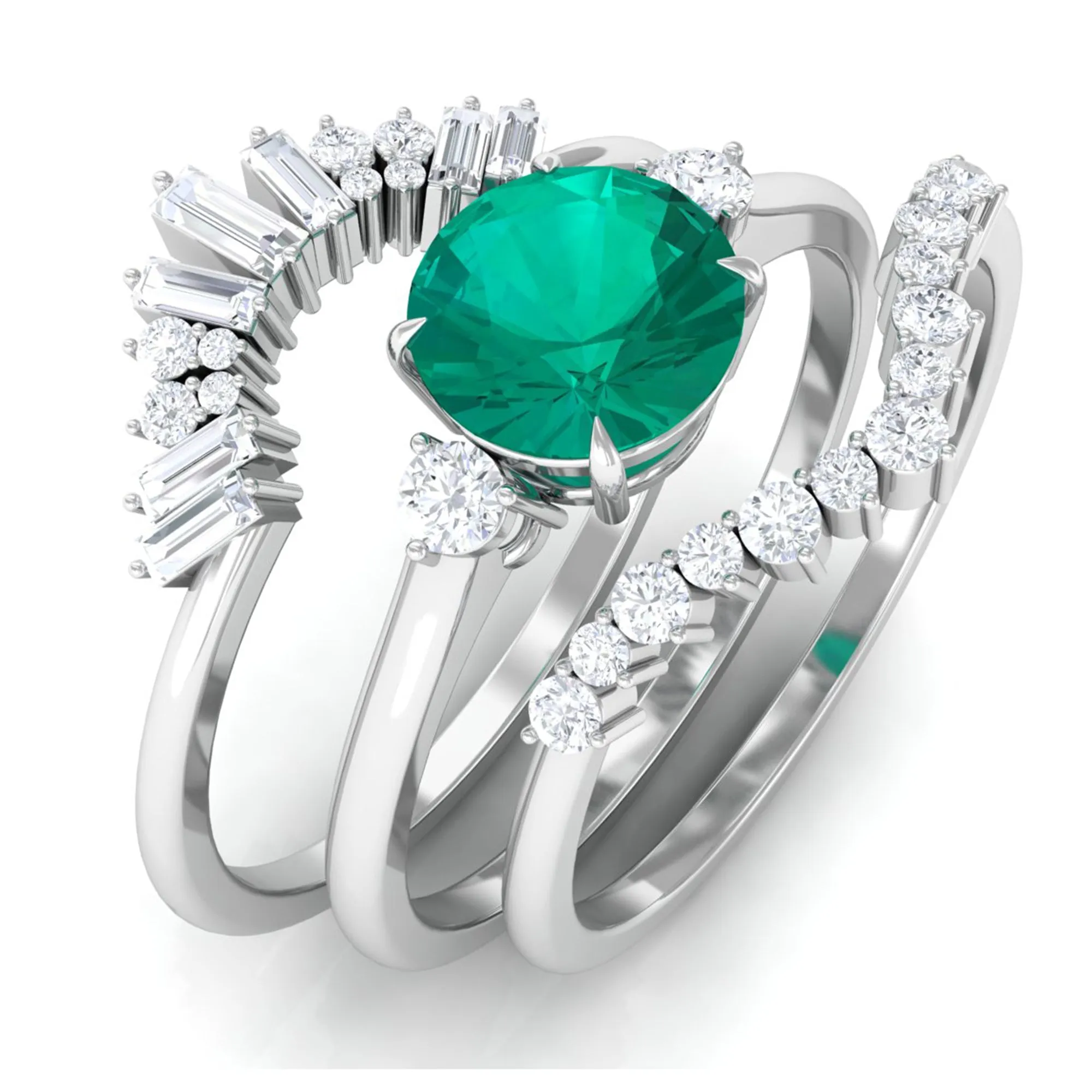 Genuine Round Emerald Wedding Ring Set with Diamond Accent
