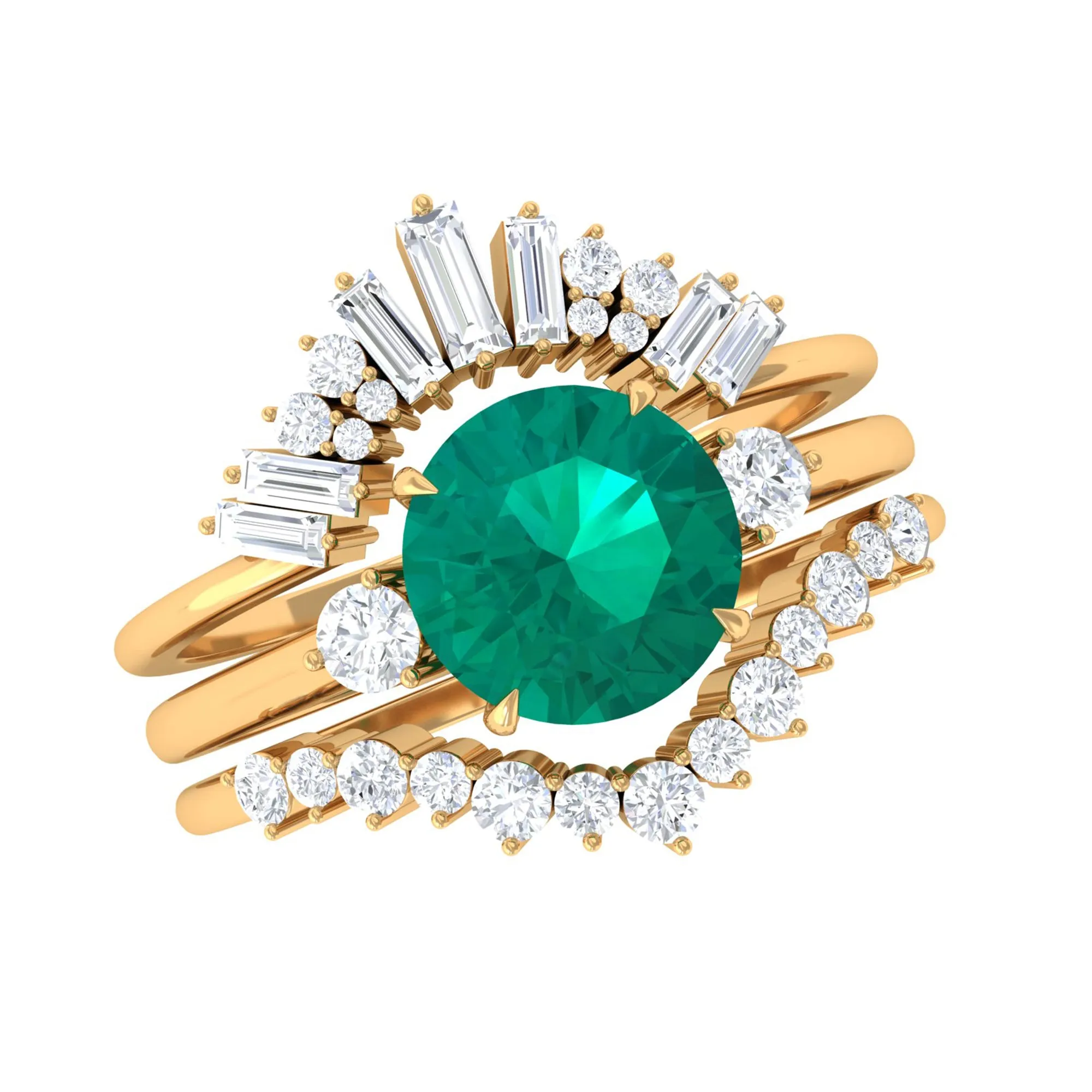 Genuine Round Emerald Wedding Ring Set with Diamond Accent