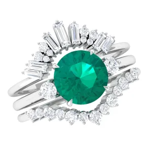 Genuine Round Emerald Wedding Ring Set with Diamond Accent