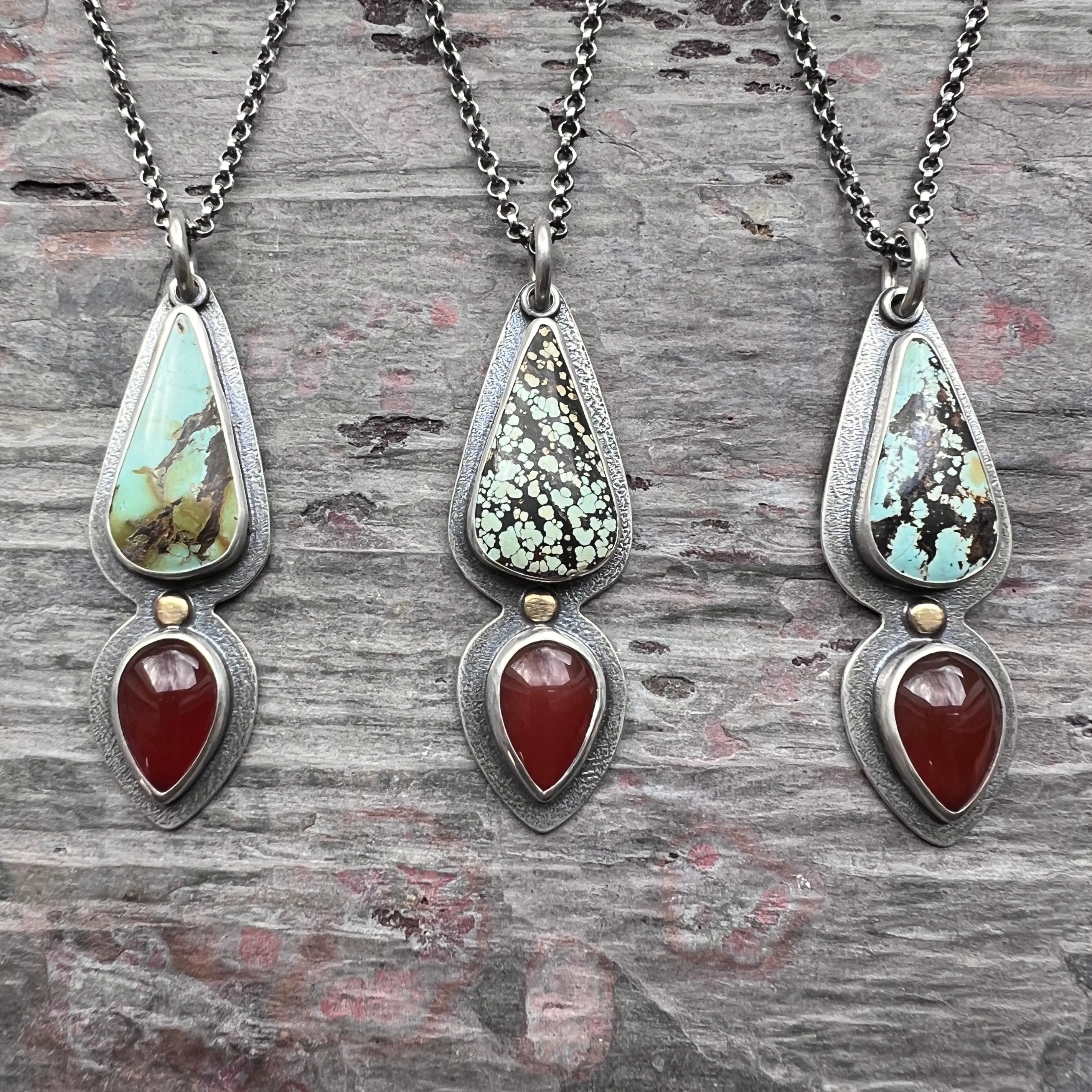 Genuine Turquoise and Carnelian Sterling Silver Necklace | One-of-a-kind Teardrop Pendant (#3)