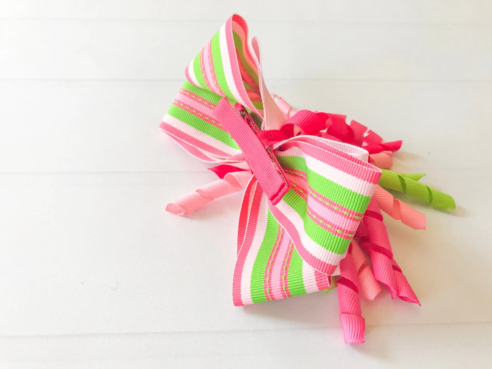 Girls Striped Hair Bow I Pink / Green I The Enchanted Magnolia
