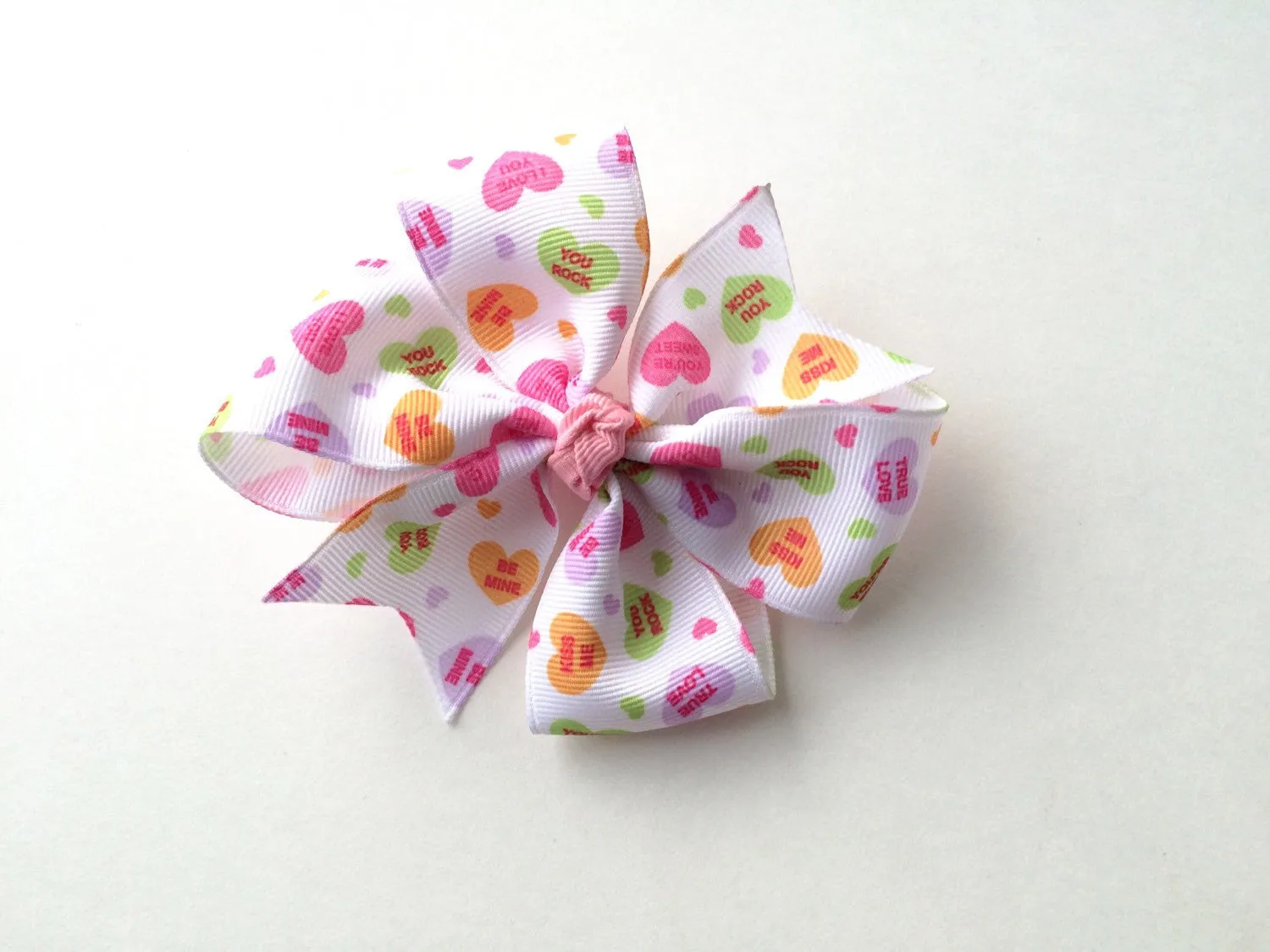 Girls White Valentine Candy Heart Pinwheel Hair Bow I The Enchanted Magnolia