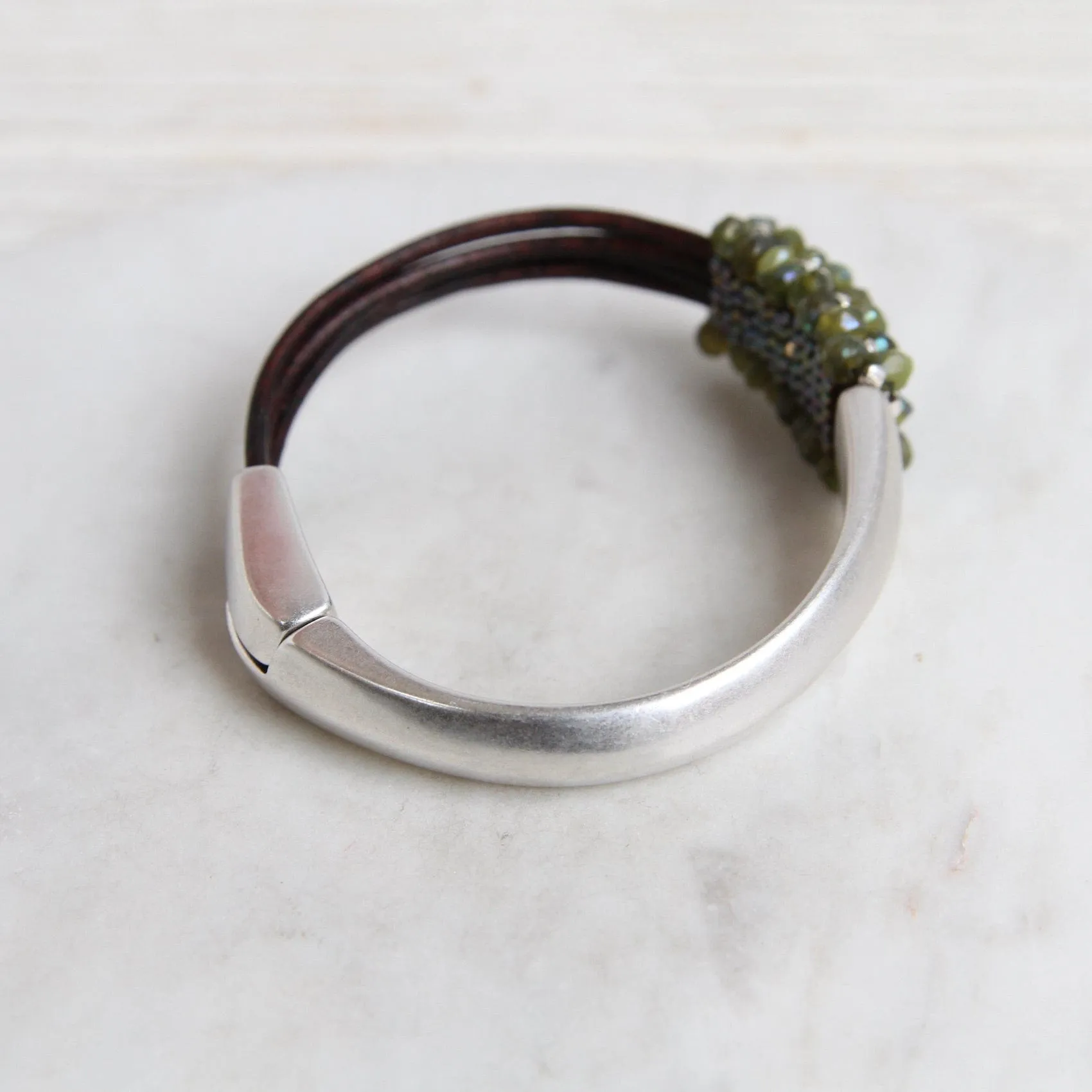 Hand Stitched Coated Green Garnet & Sterling Silver 1/2 Cuff Bracelet