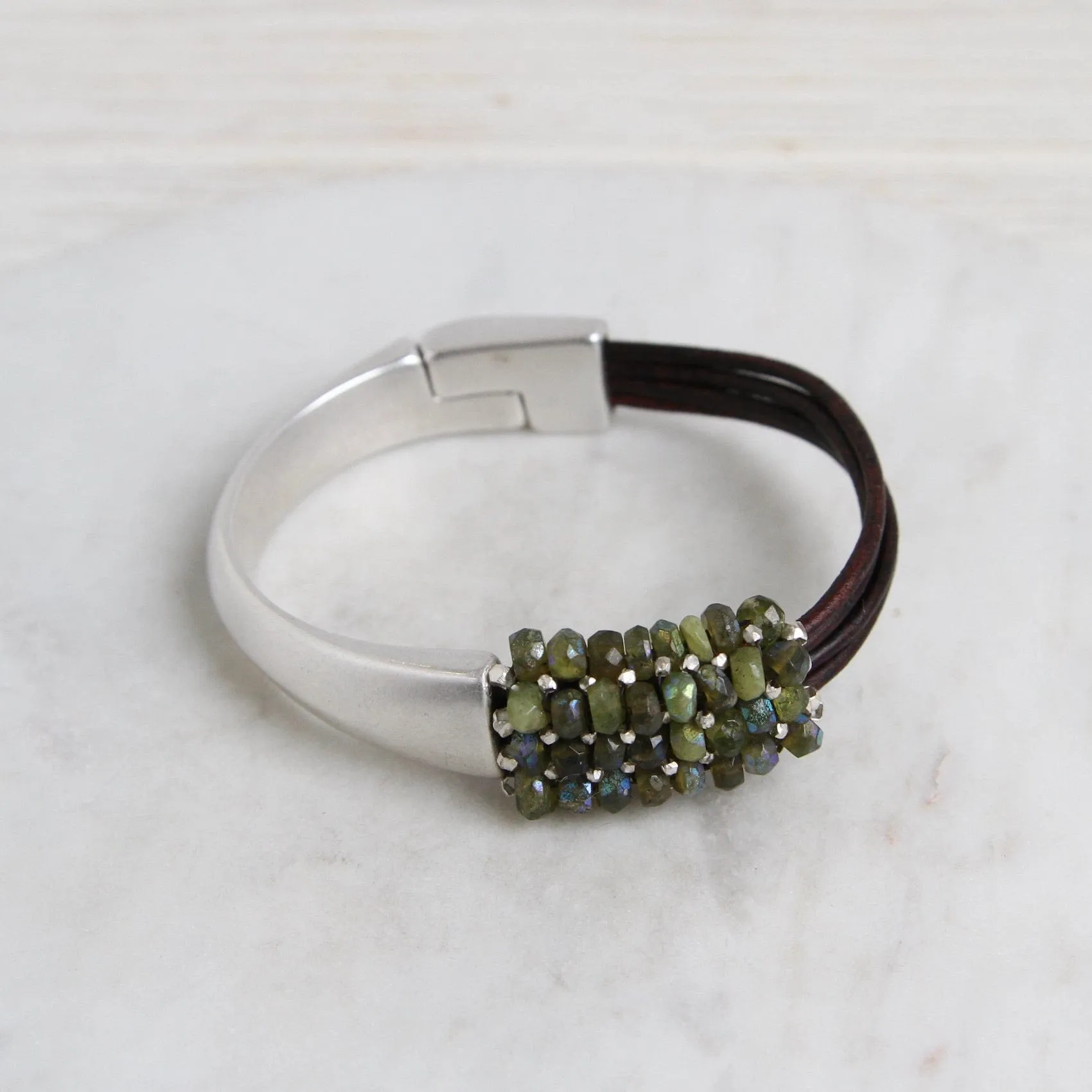 Hand Stitched Coated Green Garnet & Sterling Silver 1/2 Cuff Bracelet