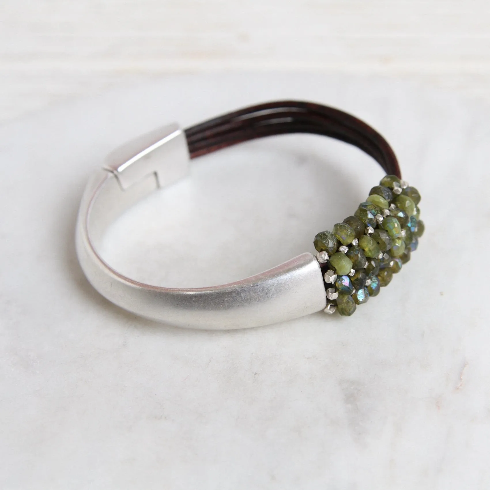 Hand Stitched Coated Green Garnet & Sterling Silver 1/2 Cuff Bracelet