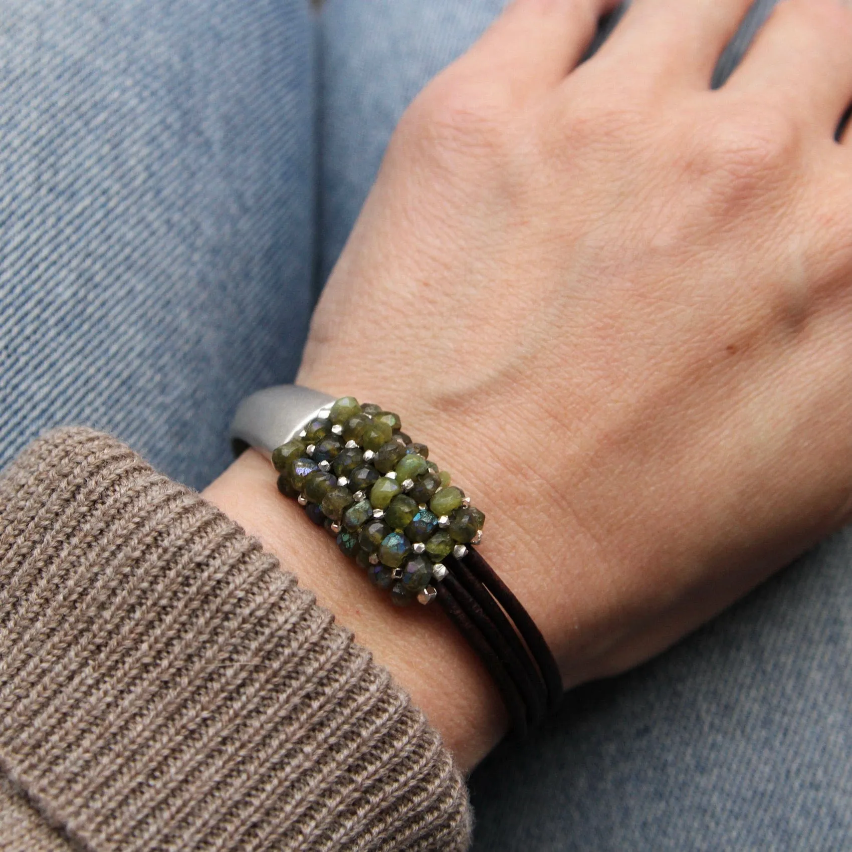Hand Stitched Coated Green Garnet & Sterling Silver 1/2 Cuff Bracelet