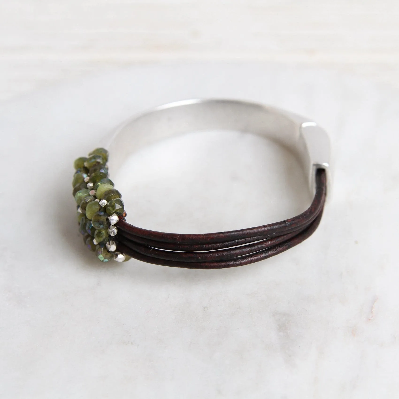 Hand Stitched Coated Green Garnet & Sterling Silver 1/2 Cuff Bracelet