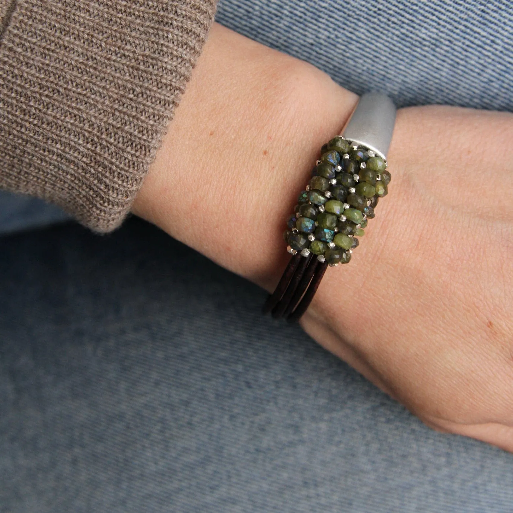 Hand Stitched Coated Green Garnet & Sterling Silver 1/2 Cuff Bracelet