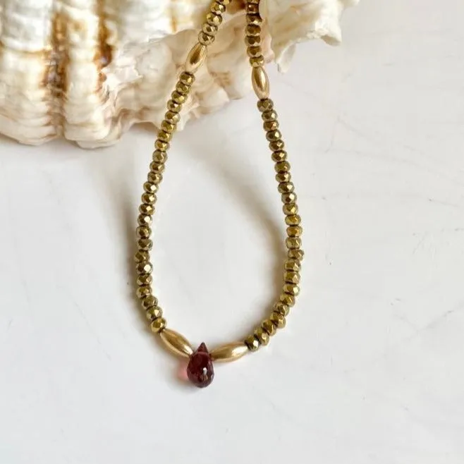 Hematite Necklace with Garnet Drop