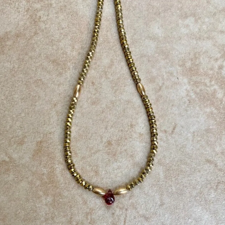 Hematite Necklace with Garnet Drop